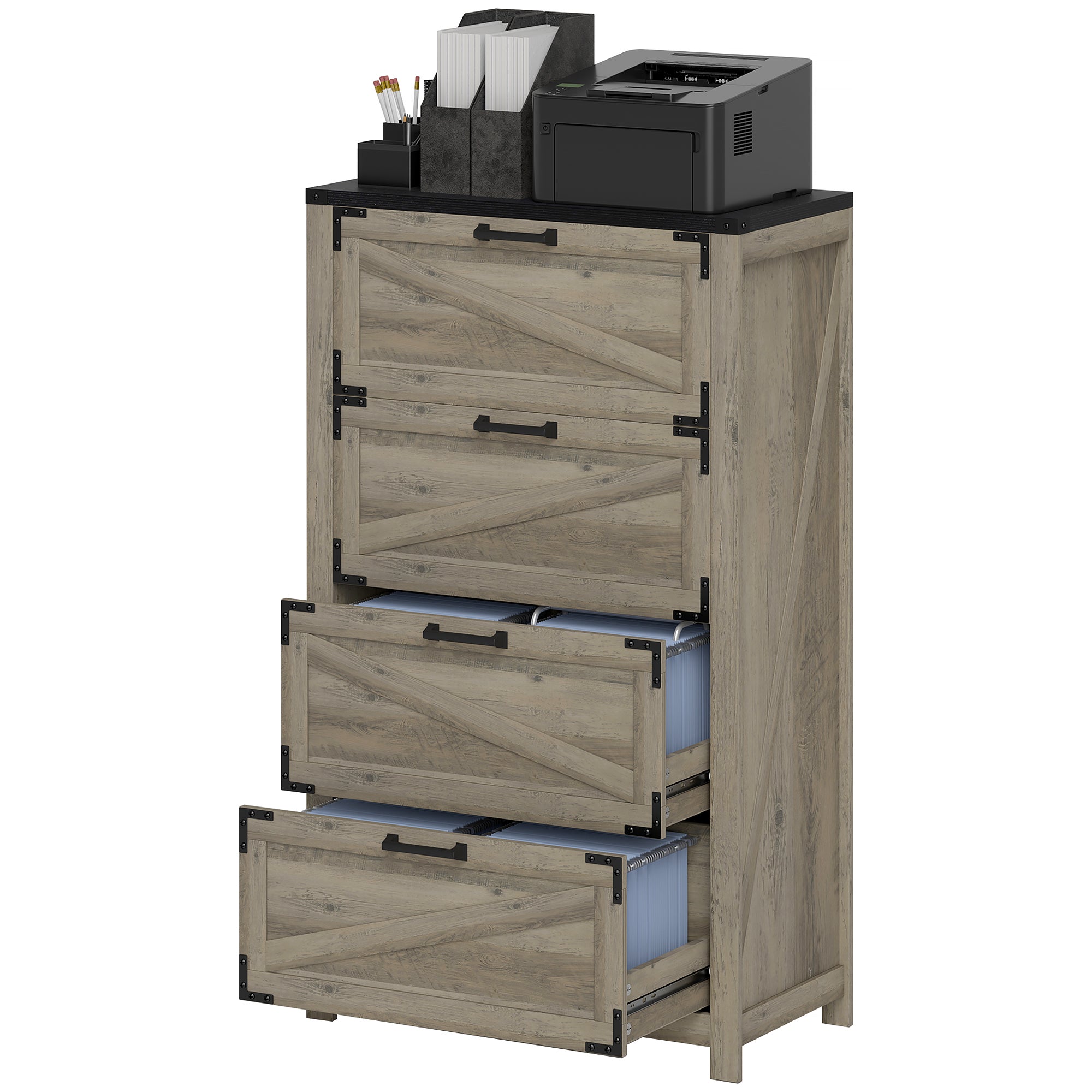 HOMCOM 4 Drawer File Cabinet, Farmhouse Lateral Filing Cabinet with Adjustable Hanging Bars for Letter, A4 and Legal Size, Printer Stand for Home Office, Grey Wash