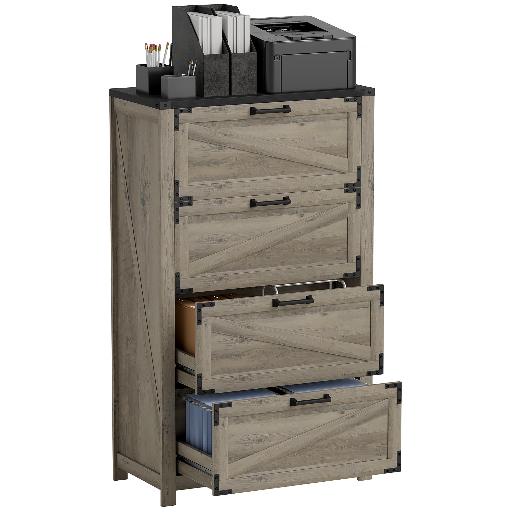 HOMCOM 4 Drawer File Cabinet, Farmhouse Lateral Filing Cabinet with Adjustable Hanging Bars for Letter, A4 and Legal Size, Printer Stand for Home Office, Grey Wash