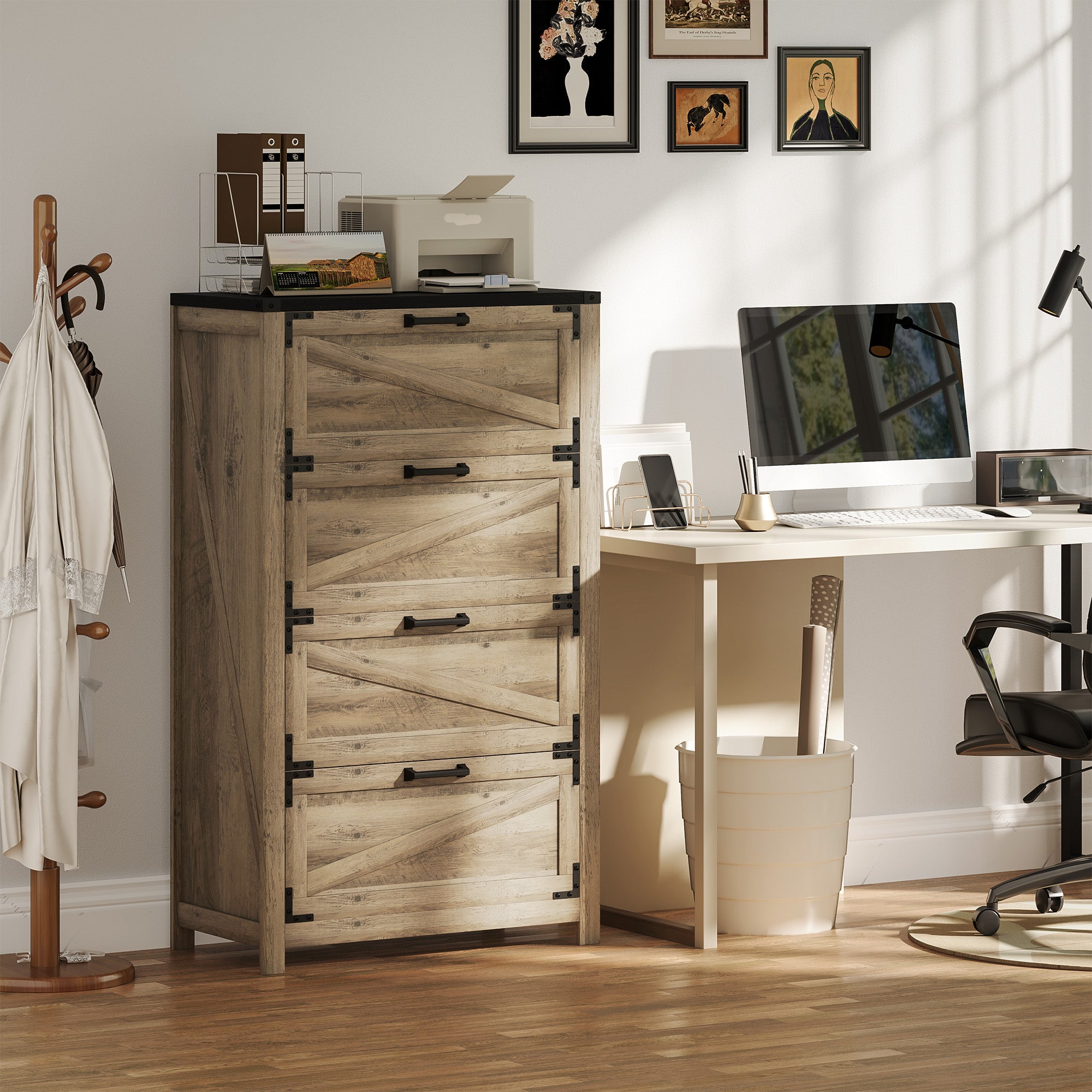HOMCOM 4 Drawer File Cabinet, Farmhouse Lateral Filing Cabinet with Adjustable Hanging Bars for Letter, A4 and Legal Size, Printer Stand for Home Office, Grey Wash