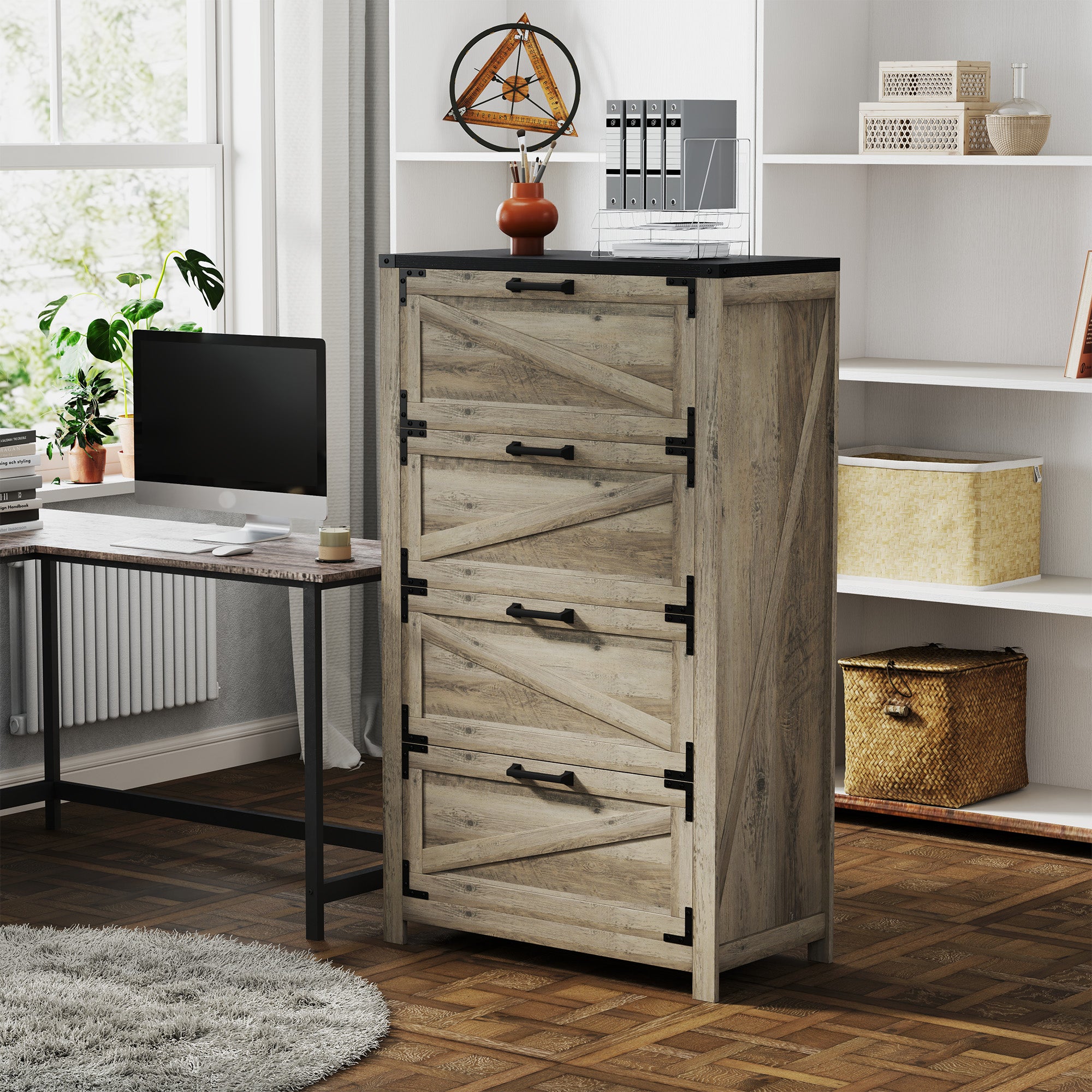 HOMCOM 4 Drawer File Cabinet, Farmhouse Lateral Filing Cabinet with Adjustable Hanging Bars for Letter, A4 and Legal Size, Printer Stand for Home Office, Grey Wash