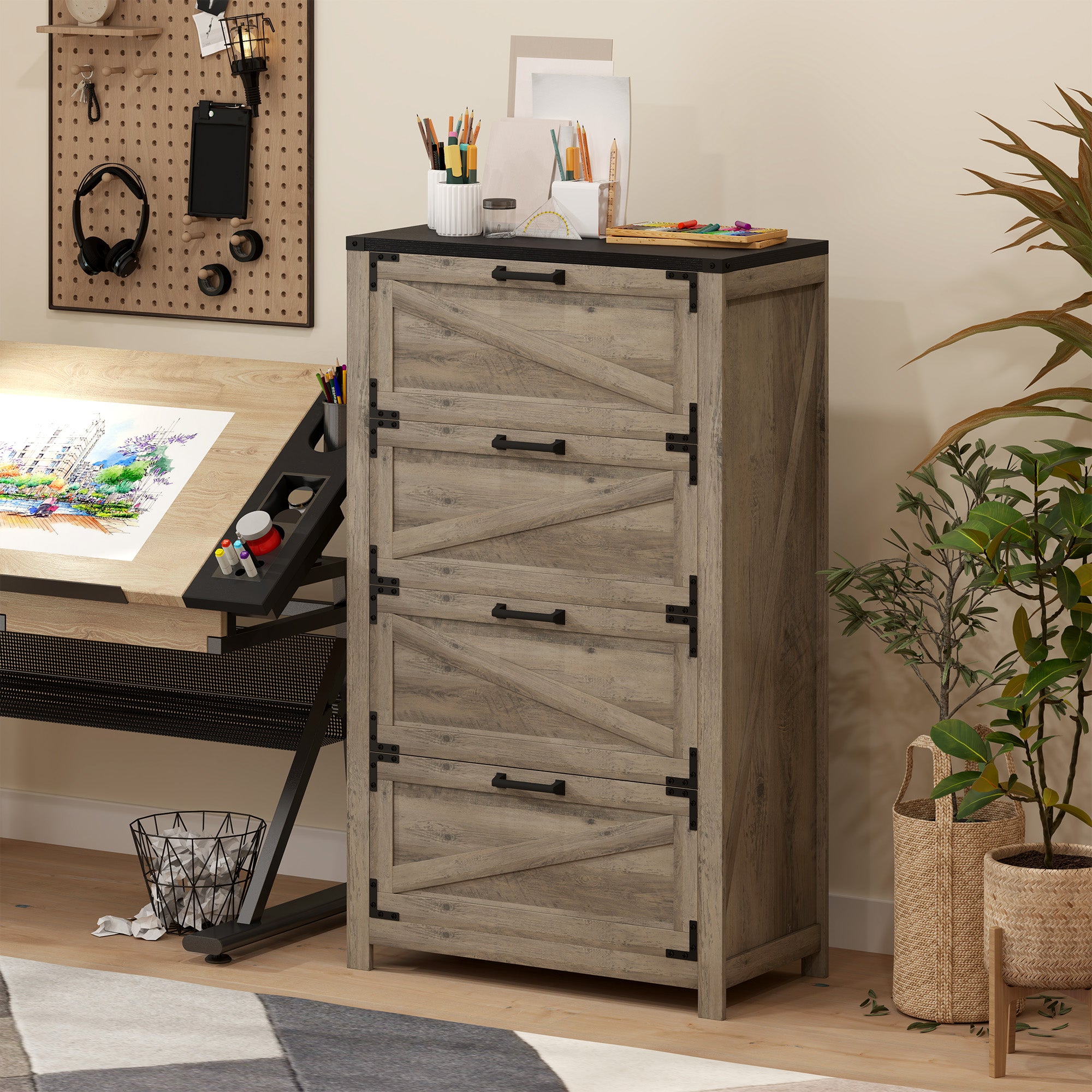 HOMCOM 4 Drawer File Cabinet, Farmhouse Lateral Filing Cabinet with Adjustable Hanging Bars for Letter, A4 and Legal Size, Printer Stand for Home Office, Grey Wash