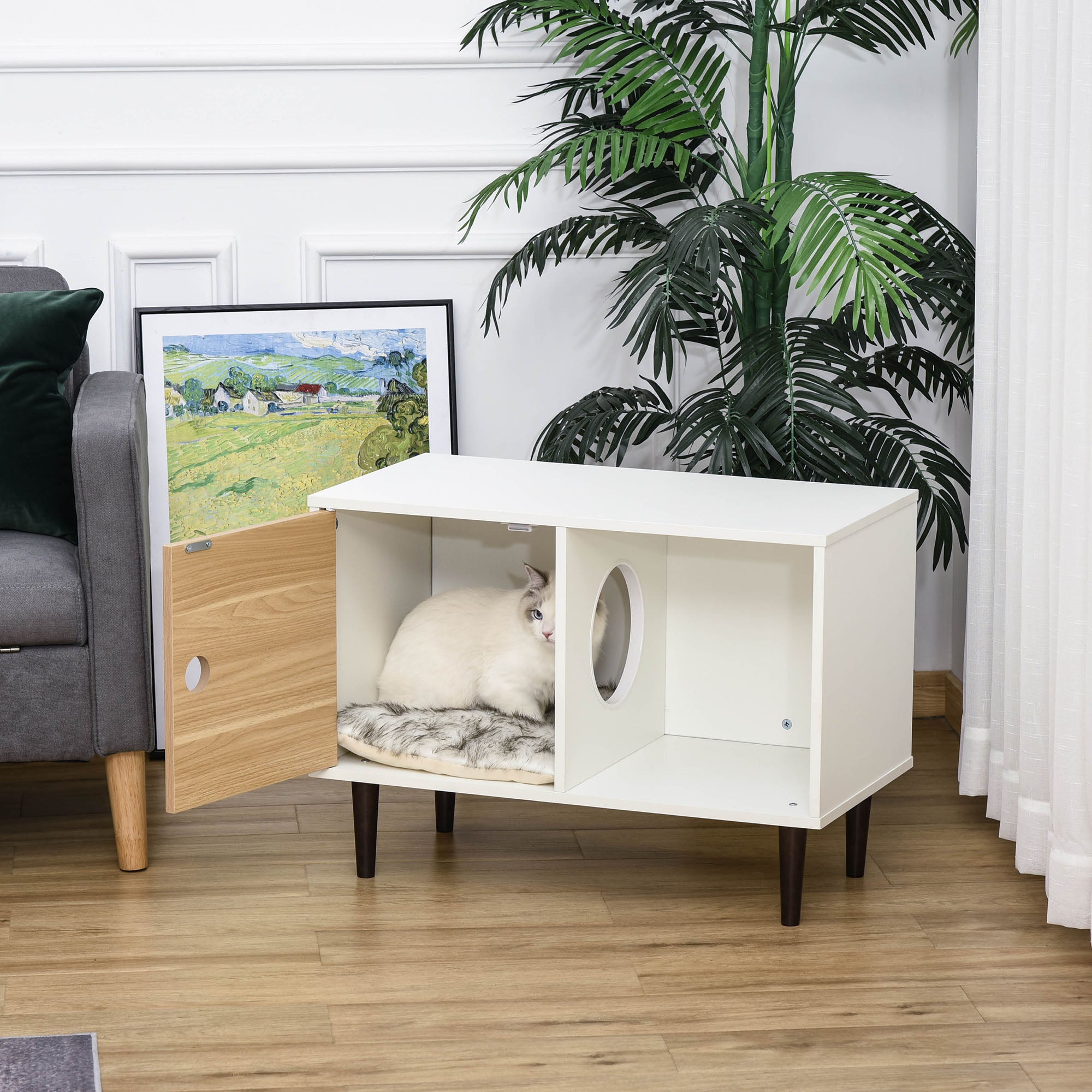 PawHut Wooden Cat House with Soft Cushion, Decorative Kitten Condo Side Table, Elevated Pet House with Storage Space