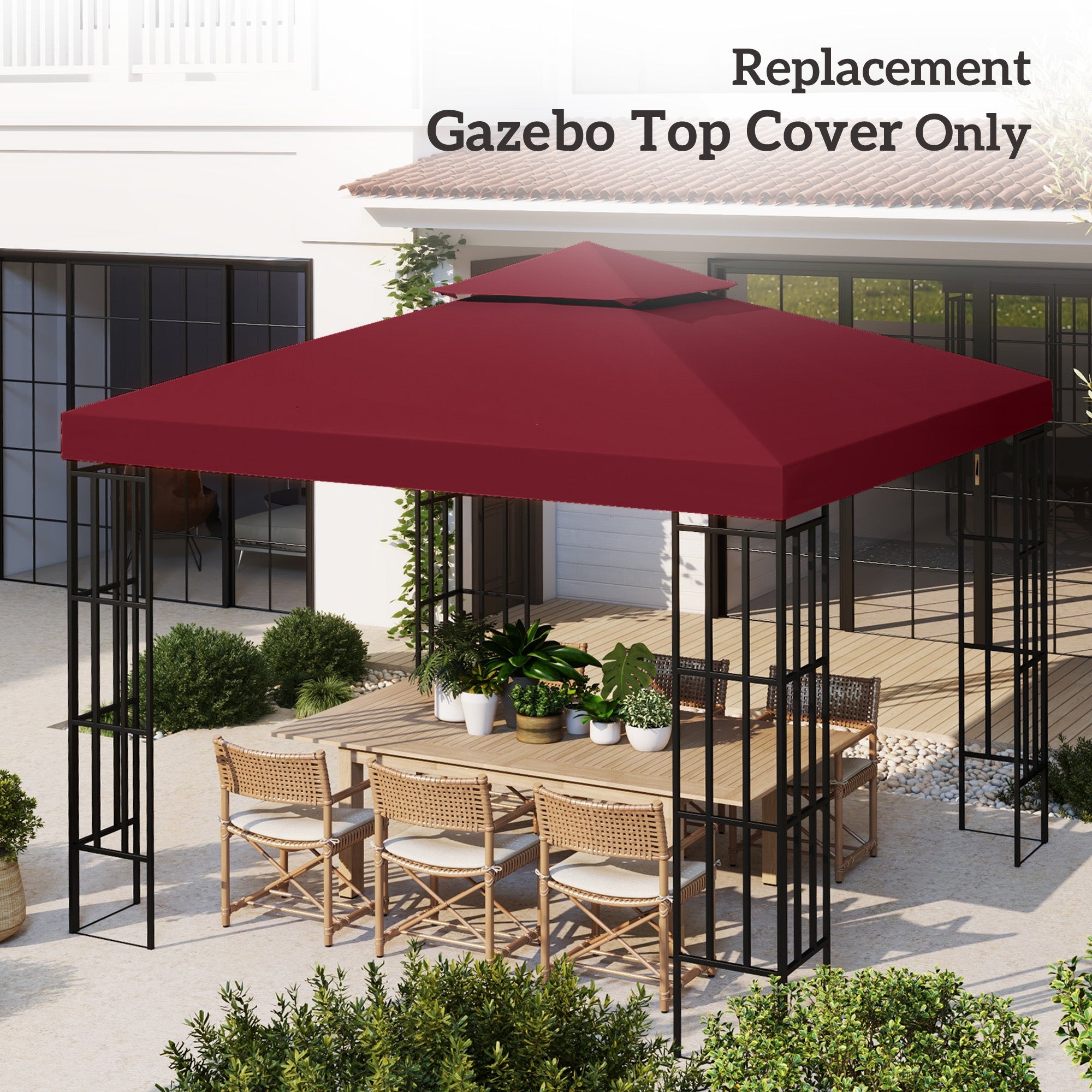 Outsunny 9.84' x 9.84' Square 2-Tier Gazebo Canopy Replacement Top Cover Outdoor Garden Sun Shade, Wine Red
