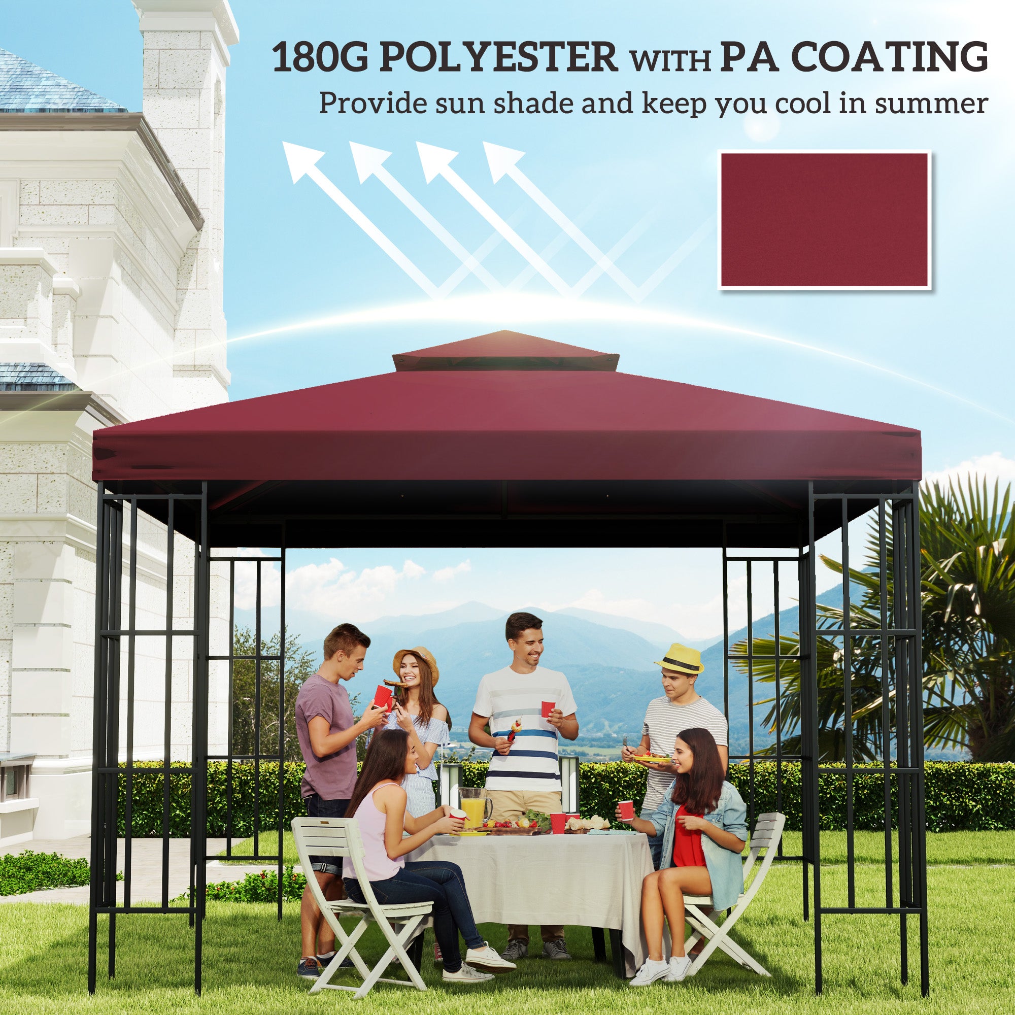 Outsunny 9.84' x 9.84' Square 2-Tier Gazebo Canopy Replacement Top Cover Outdoor Garden Sun Shade, Wine Red