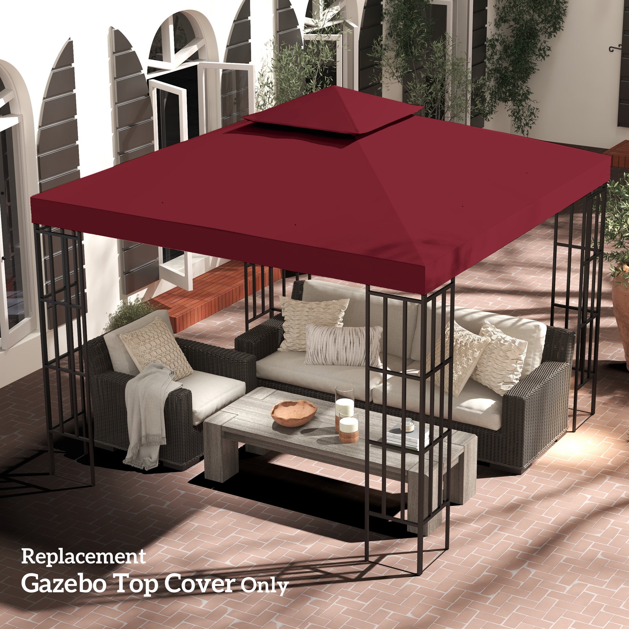 Outsunny 9.84' x 9.84' Square 2-Tier Gazebo Canopy Replacement Top Cover Outdoor Garden Sun Shade, Wine Red