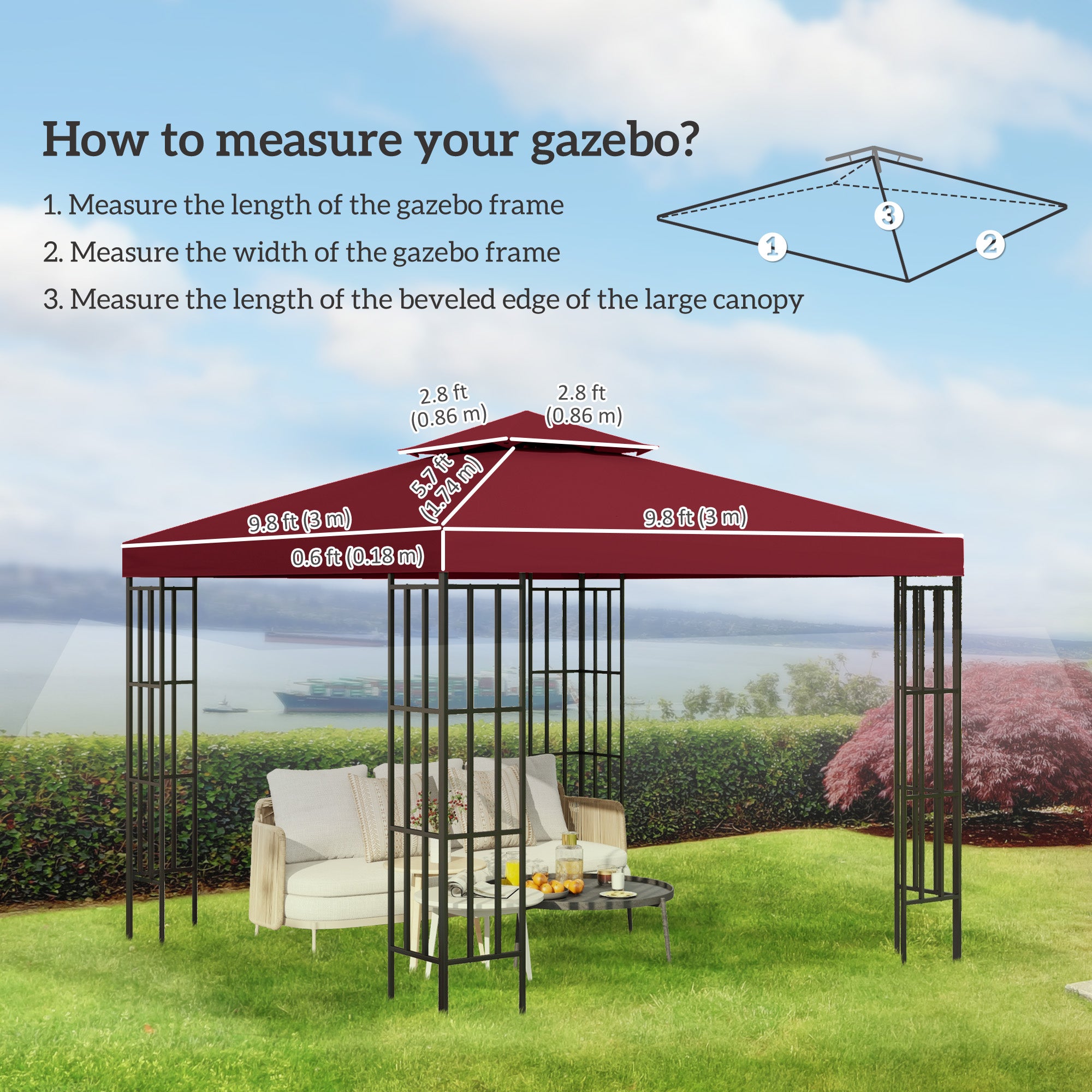 Outsunny 9.84' x 9.84' Square 2-Tier Gazebo Canopy Replacement Top Cover Outdoor Garden Sun Shade, Wine Red