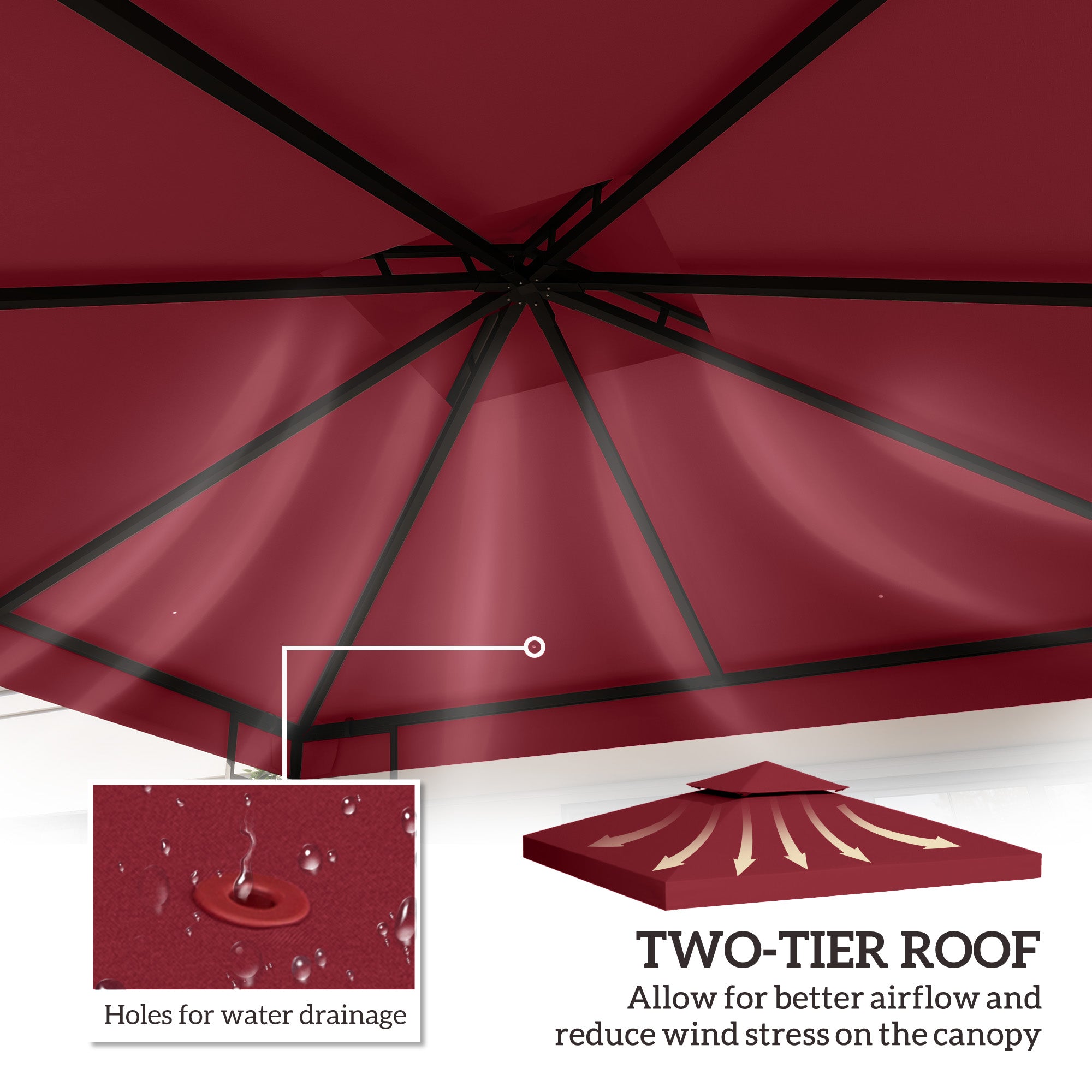 Outsunny 9.84' x 9.84' Square 2-Tier Gazebo Canopy Replacement Top Cover Outdoor Garden Sun Shade, Wine Red