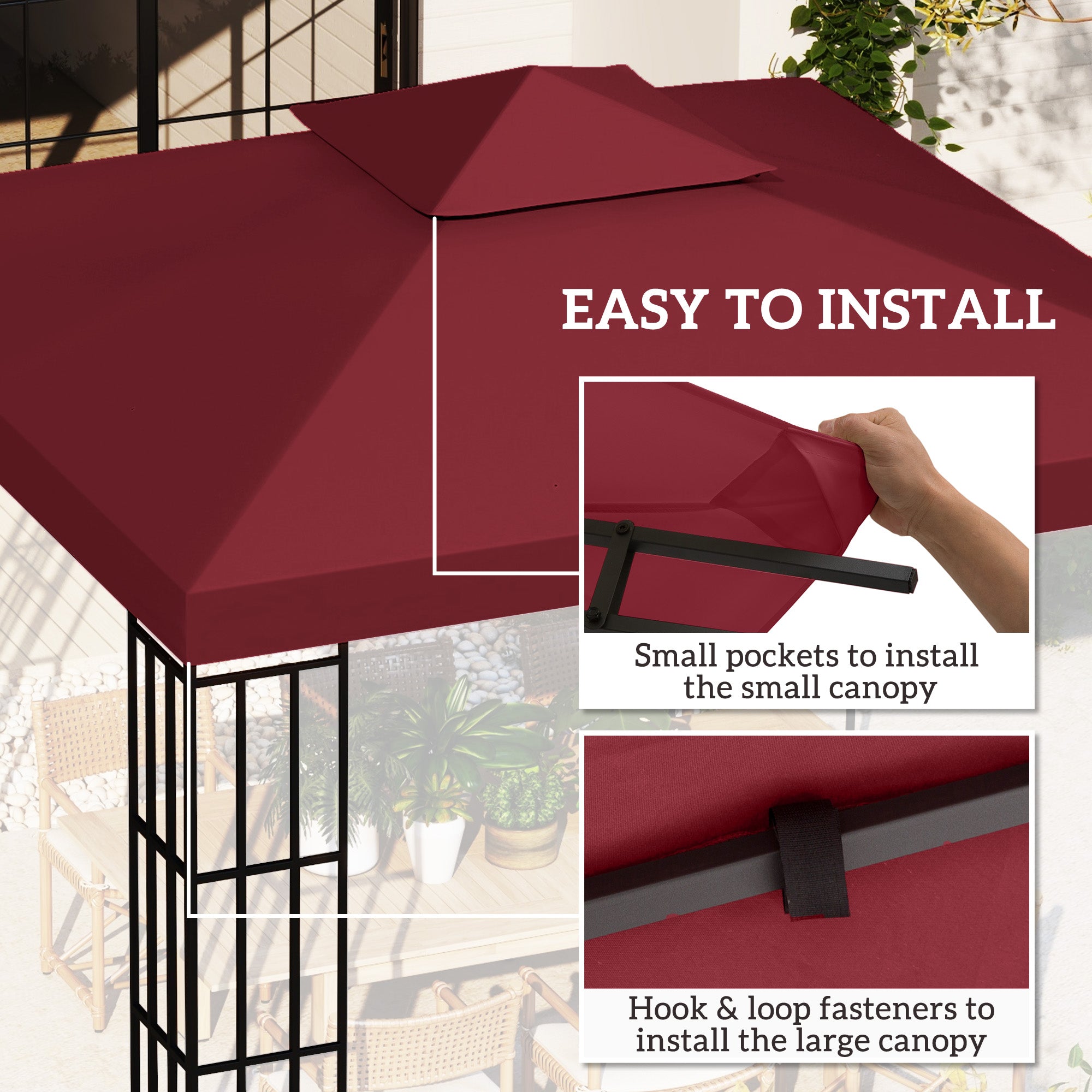 Outsunny 9.84' x 9.84' Square 2-Tier Gazebo Canopy Replacement Top Cover Outdoor Garden Sun Shade, Wine Red