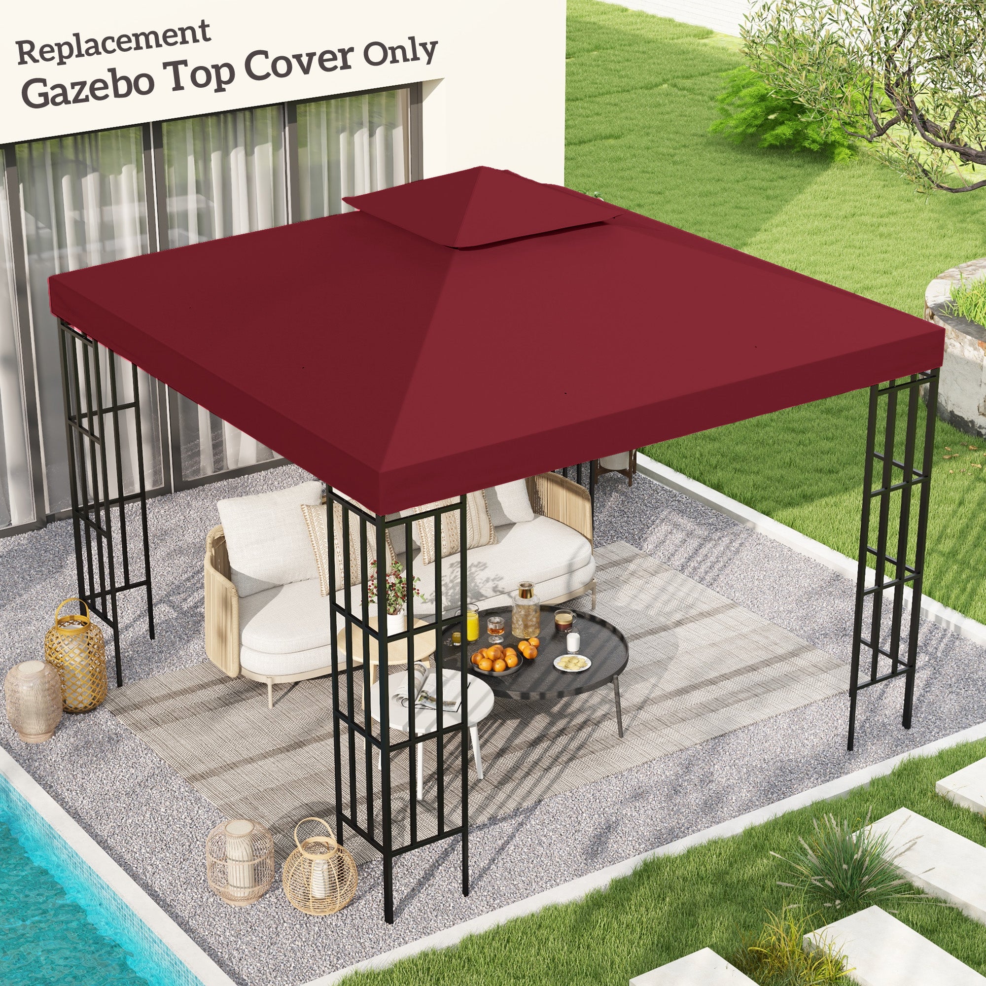 Outsunny 9.84' x 9.84' Square 2-Tier Gazebo Canopy Replacement Top Cover Outdoor Garden Sun Shade, Wine Red