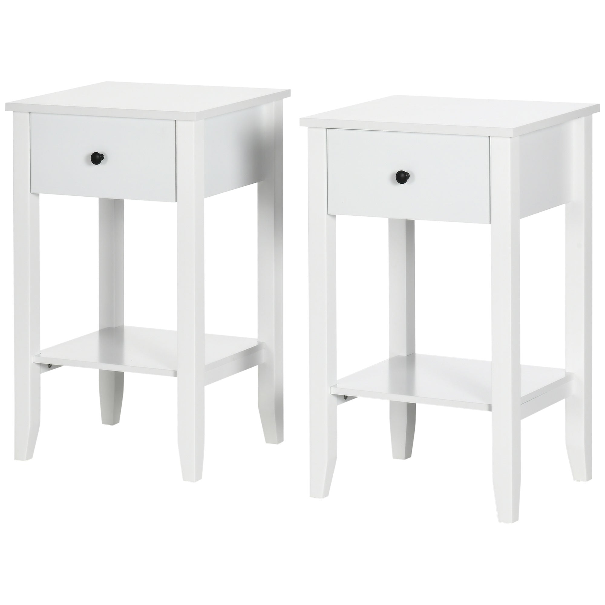 HOMCOM Side Table Set of 2, End Tables with Drawer and Bottom Shelf, 2-tier Nightstand for Bedroom, Living Room, White