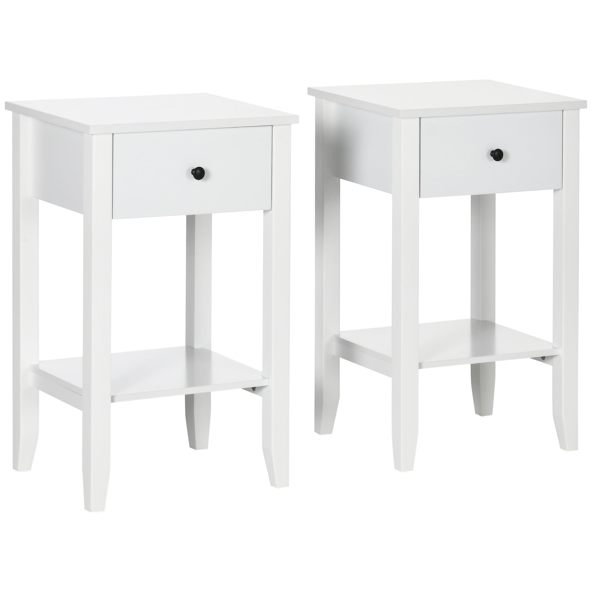 HOMCOM Side Table Set of 2, End Tables with Drawer and Bottom Shelf, 2-tier Nightstand for Bedroom, Living Room, White