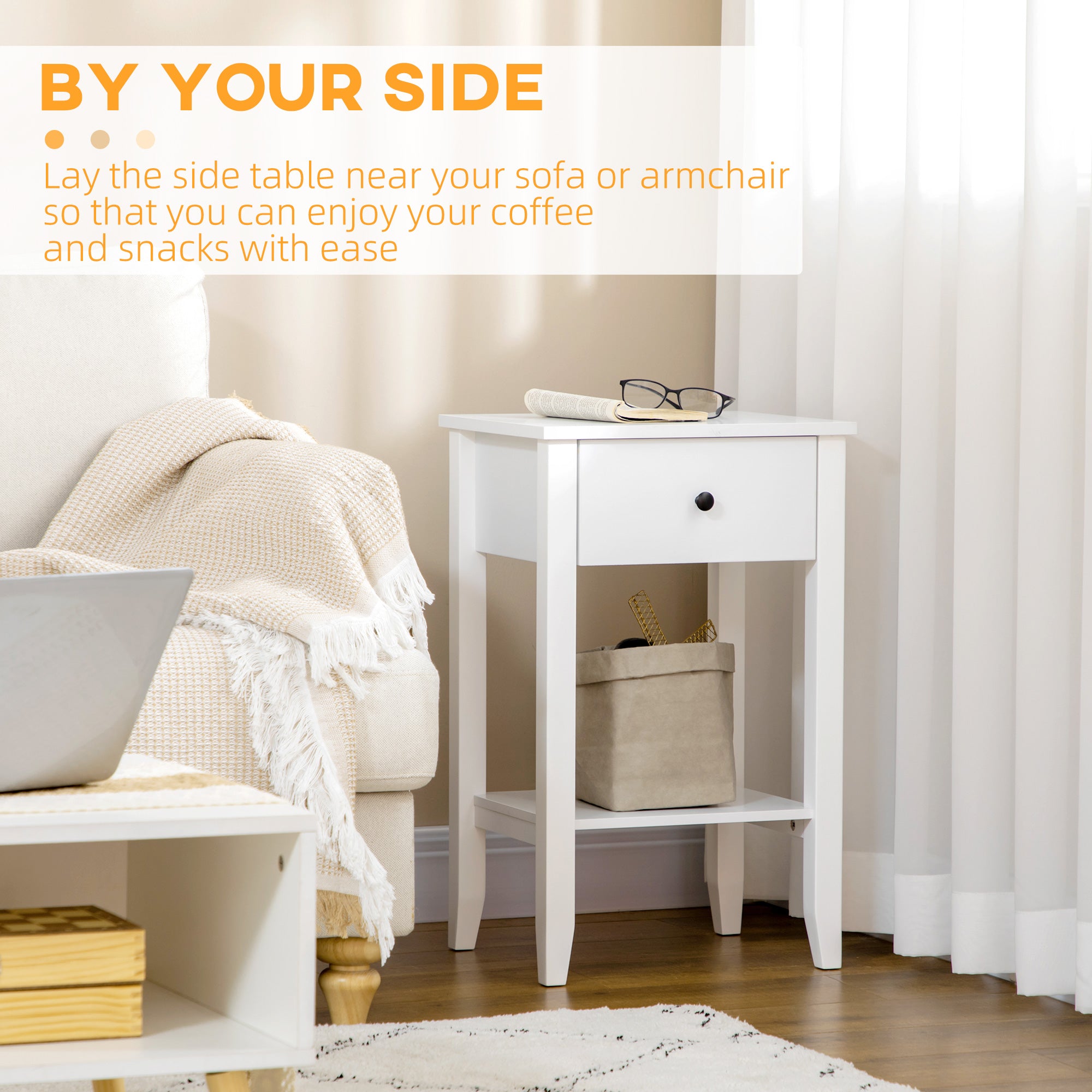 HOMCOM Side Table Set of 2, End Tables with Drawer and Bottom Shelf, 2-tier Nightstand for Bedroom, Living Room, White