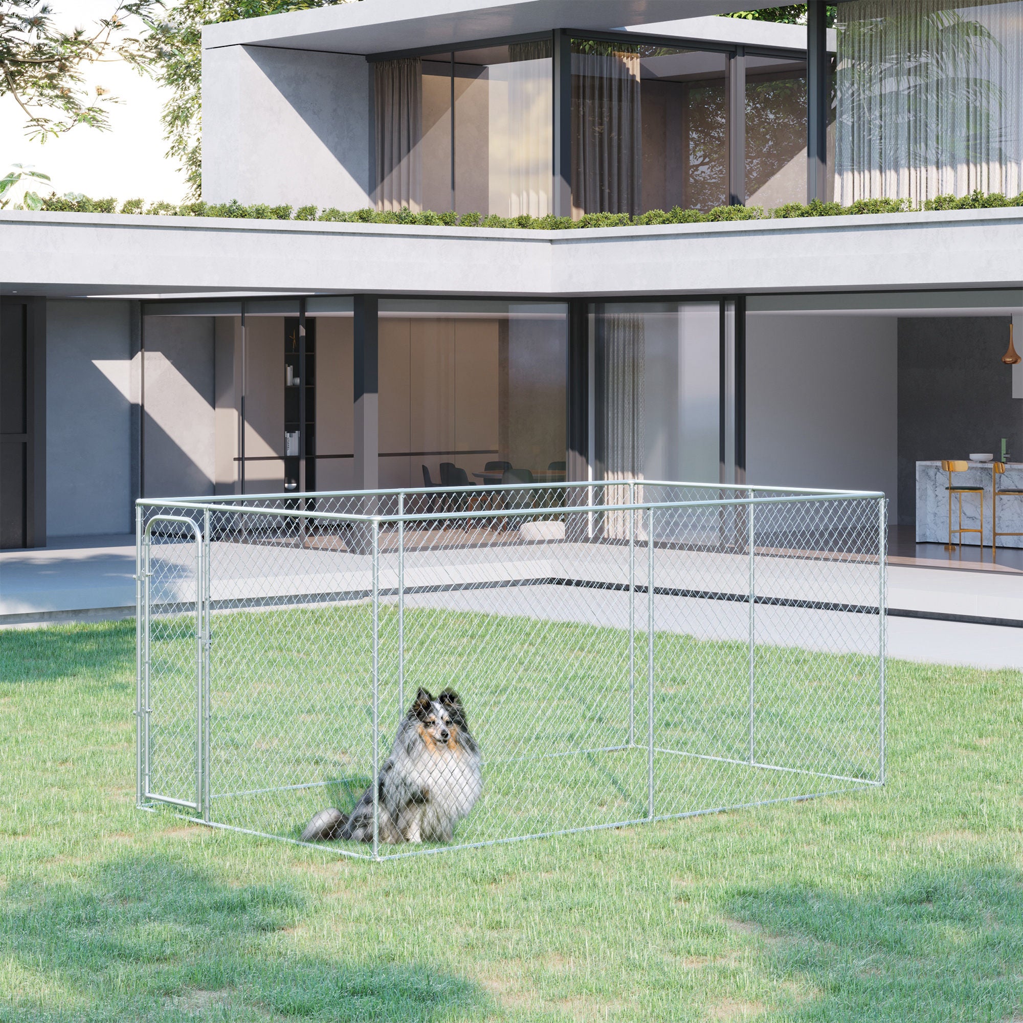 PawHut Dog Kennel Outdoor Galvanized Chain Link Fence Heavy Duty Pet Run House Chicken Coop with Secure Lock Mesh Sidewalls for Backyard Garden Silver, 13' L x 7.5' W x 5.9' H