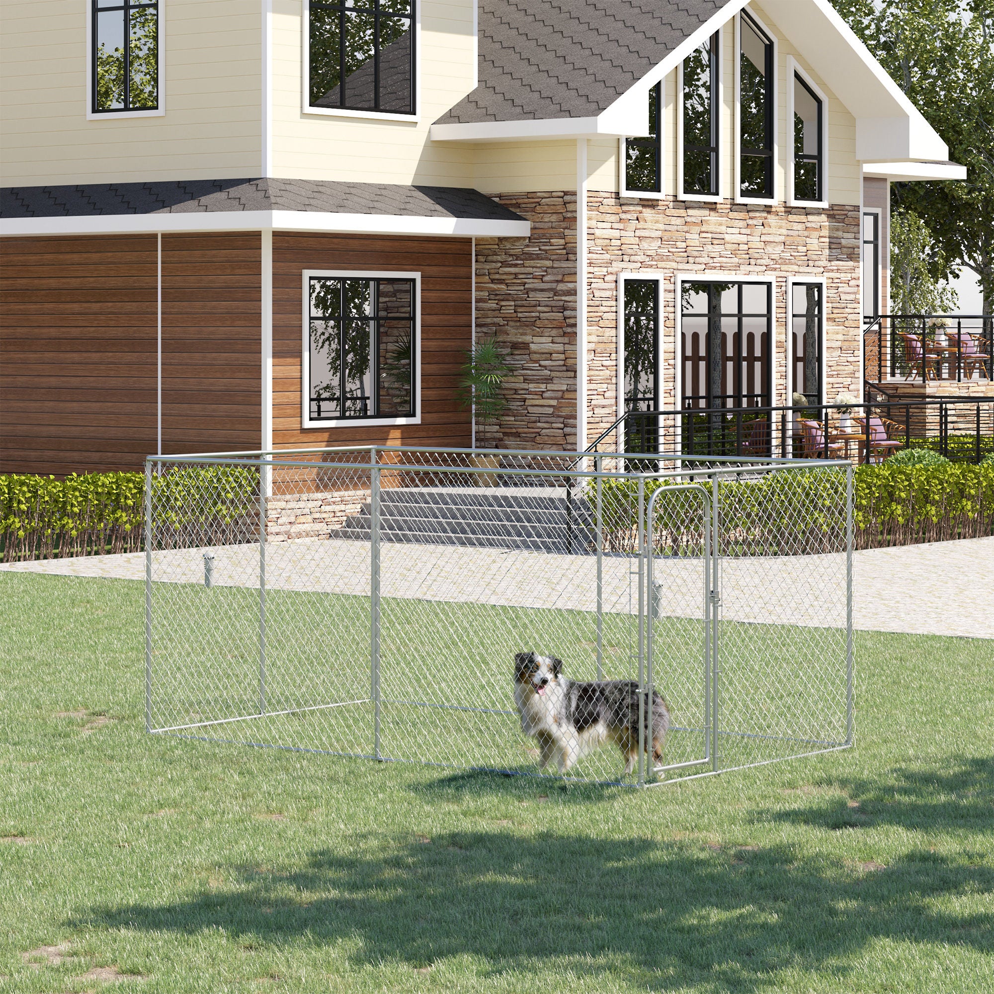 PawHut Dog Kennel Outdoor Galvanized Chain Link Fence Heavy Duty Pet Run House Chicken Coop with Secure Lock Mesh Sidewalls for Backyard Garden Silver, 13' L x 7.5' W x 5.9' H