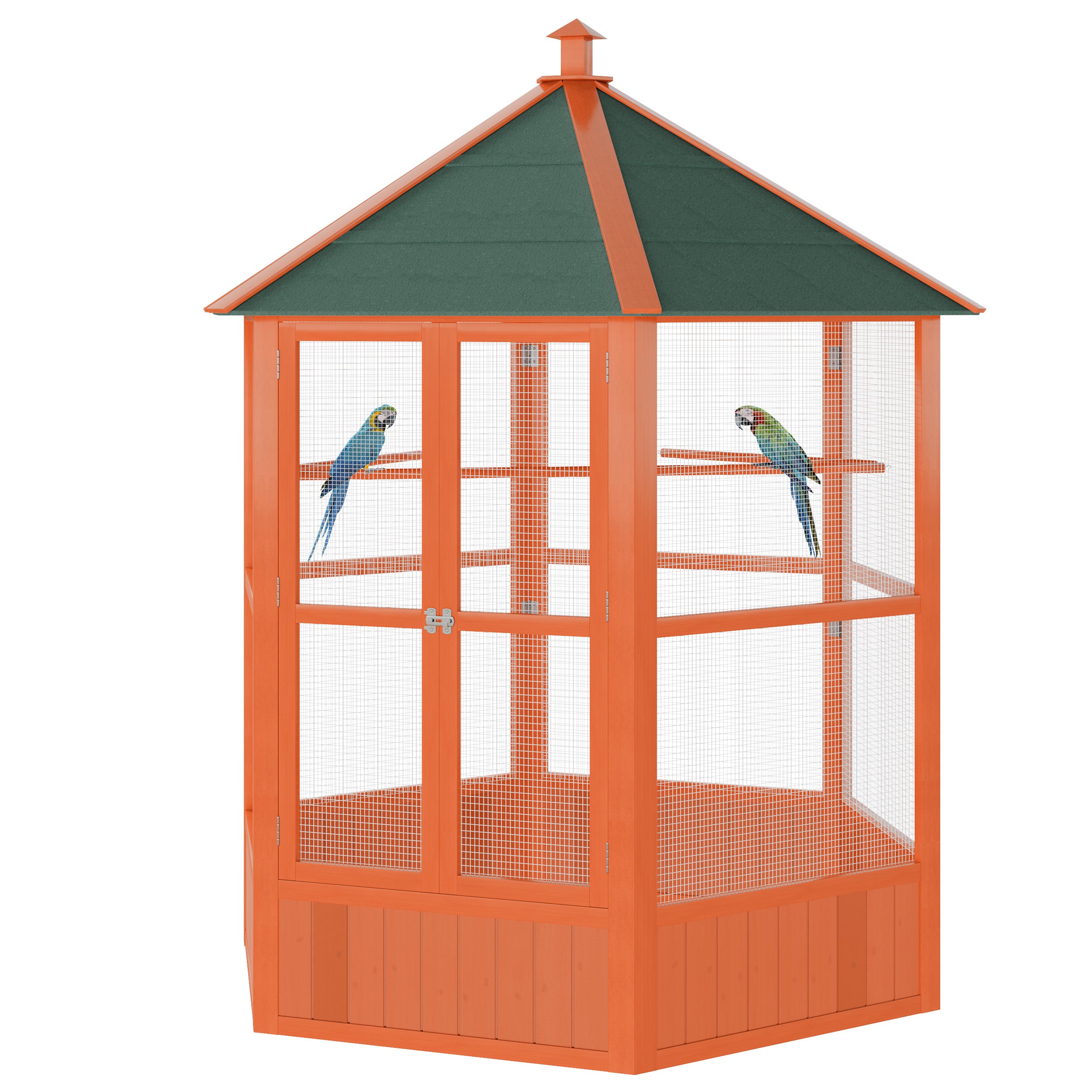 PawHut Bird Cage, 70"H Wooden Parrot Cage, Large Hexagonal Outdoor Aviary with Asphalt Roof, Doors, Brown