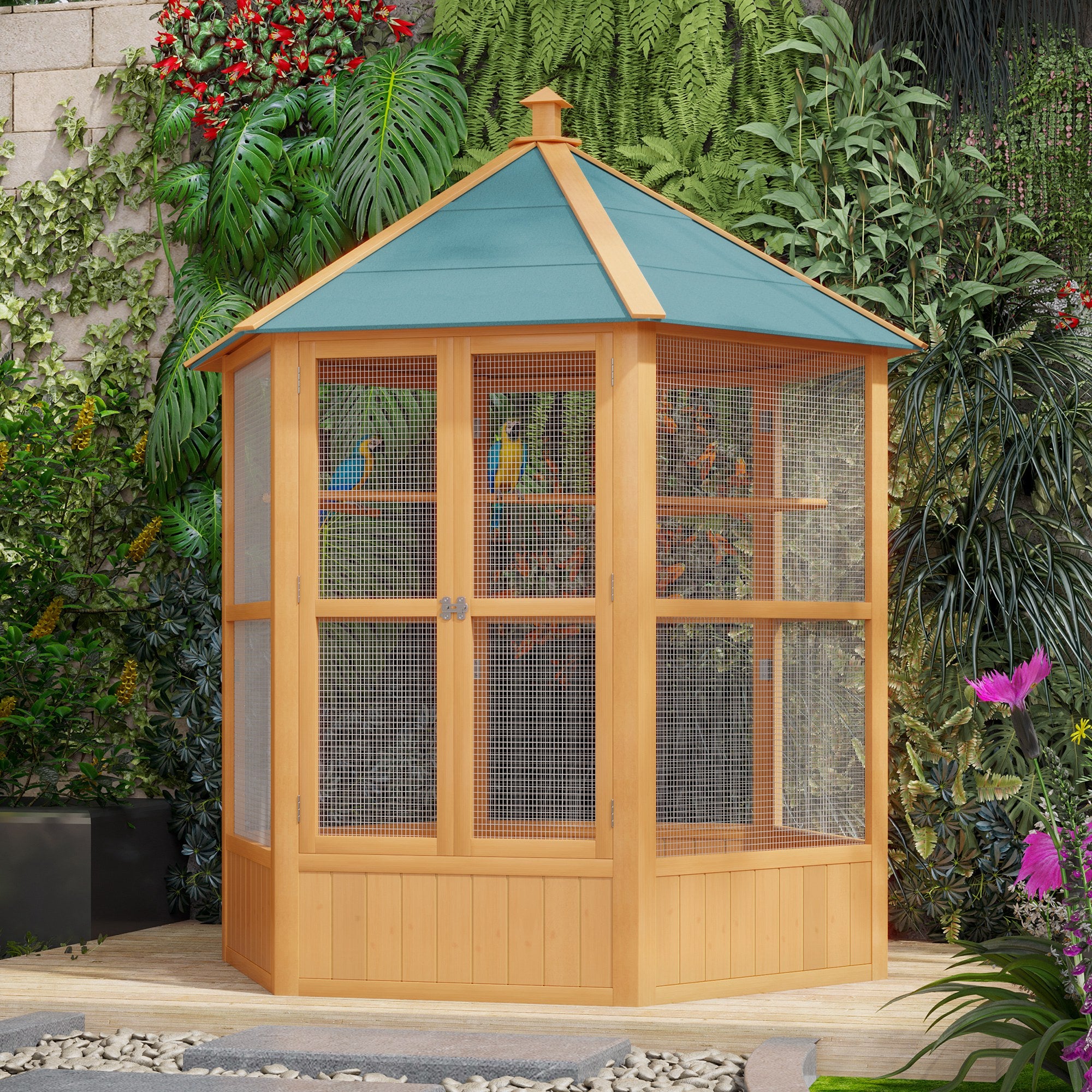 PawHut Bird Cage, 70"H Wooden Parrot Cage, Large Hexagonal Outdoor Aviary with Asphalt Roof, Doors, Brown
