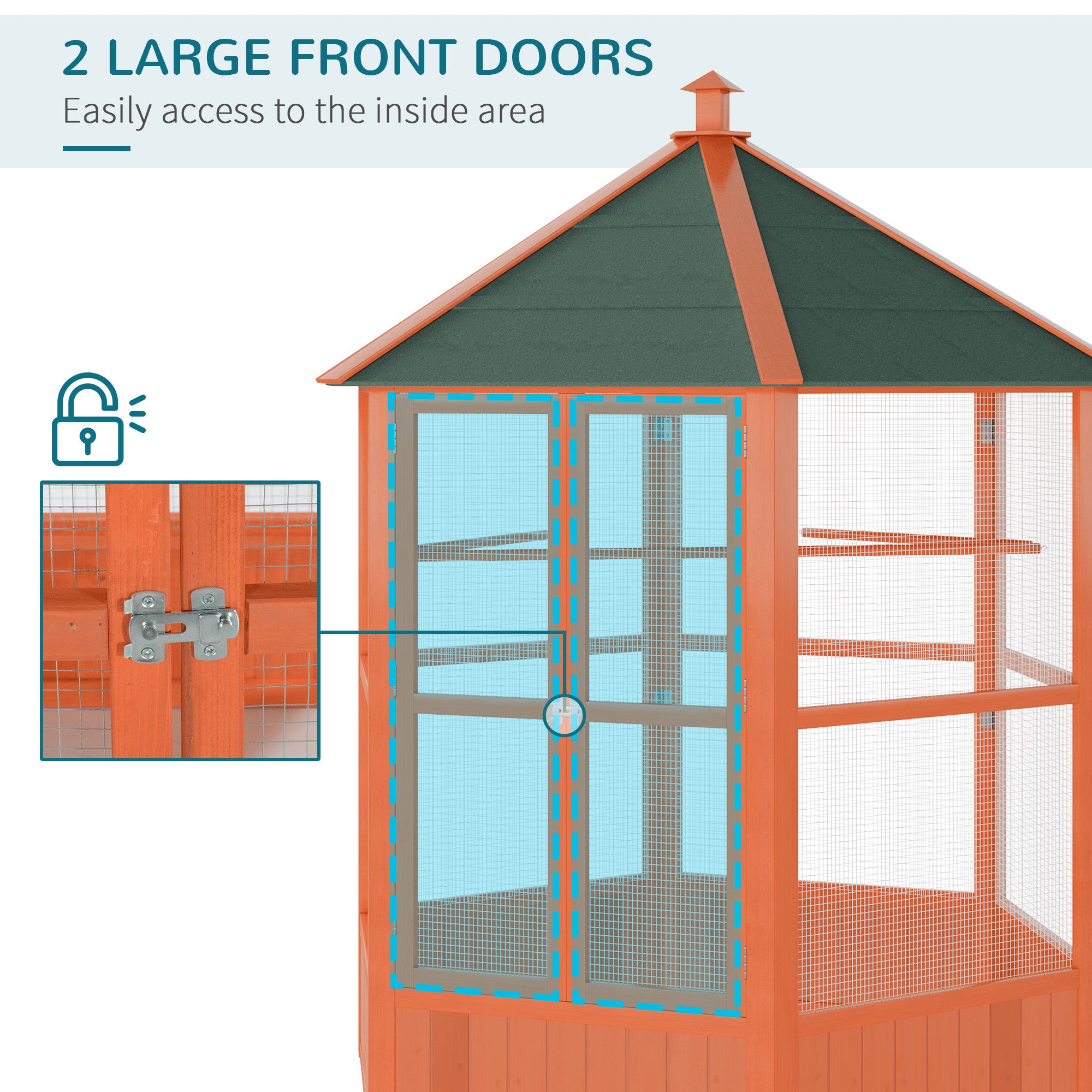 PawHut Bird Cage, 70"H Wooden Parrot Cage, Large Hexagonal Outdoor Aviary with Asphalt Roof, Doors, Brown