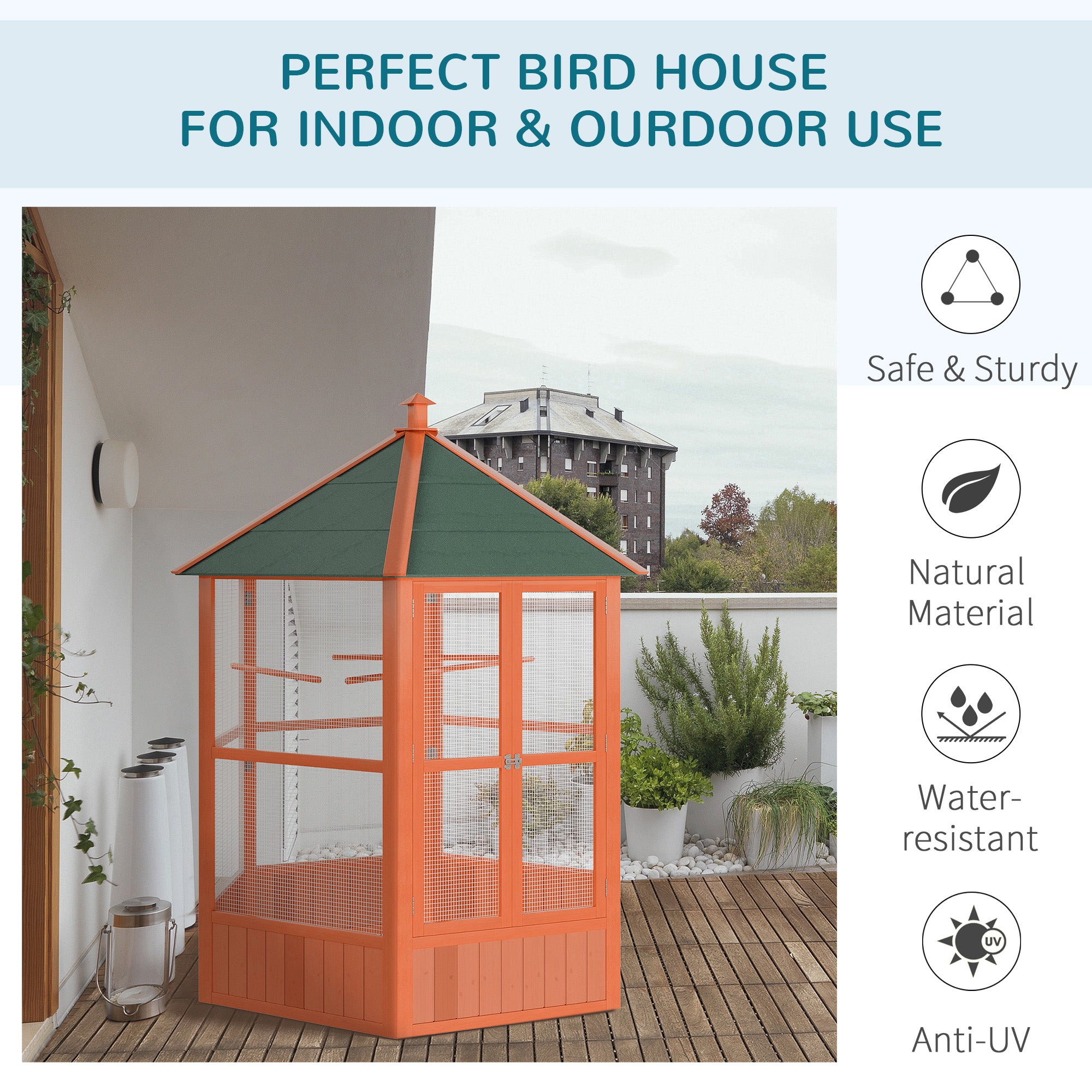 PawHut Bird Cage, 70"H Wooden Parrot Cage, Large Hexagonal Outdoor Aviary with Asphalt Roof, Doors, Brown