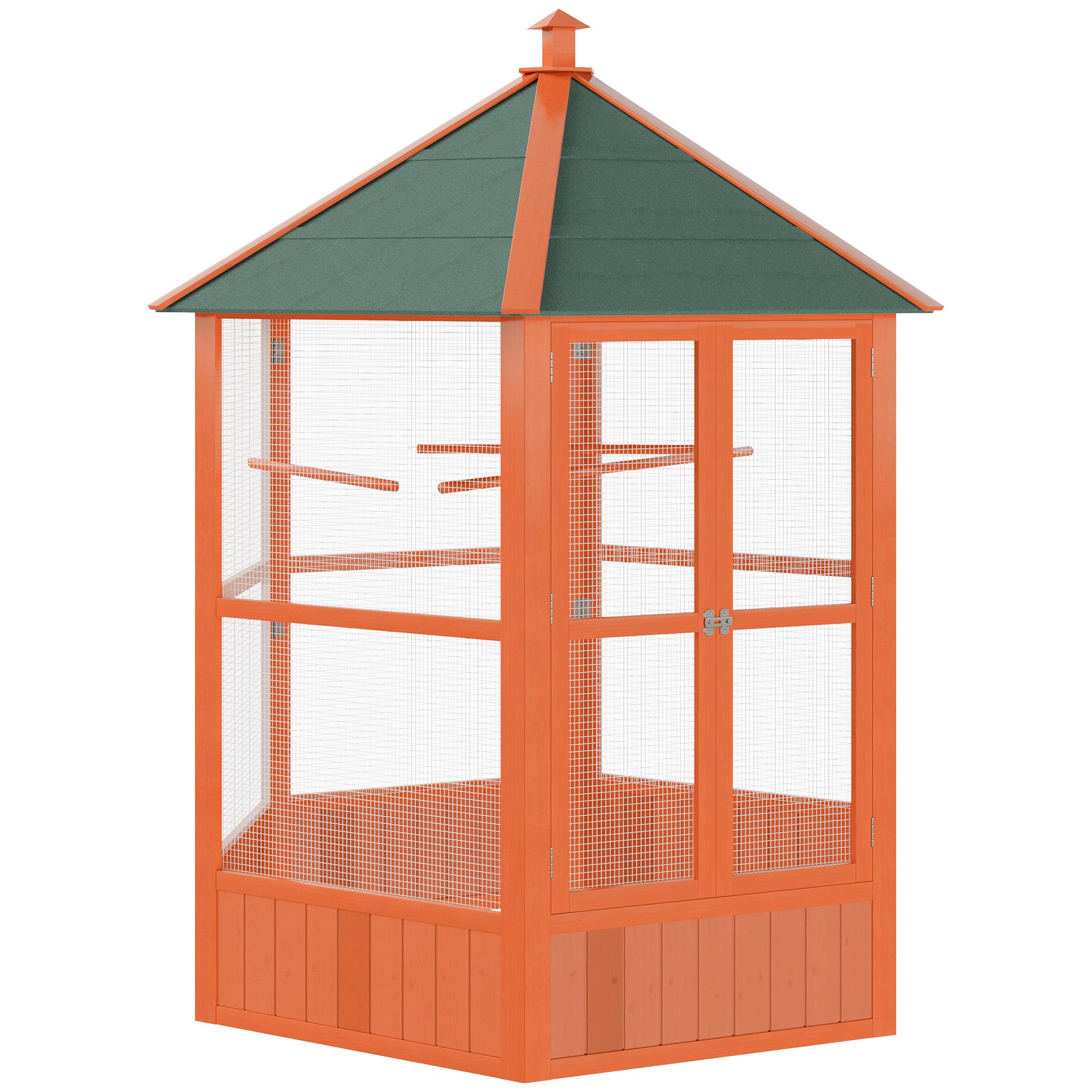 PawHut Bird Cage, 70"H Wooden Parrot Cage, Large Hexagonal Outdoor Aviary with Asphalt Roof, Doors, Brown