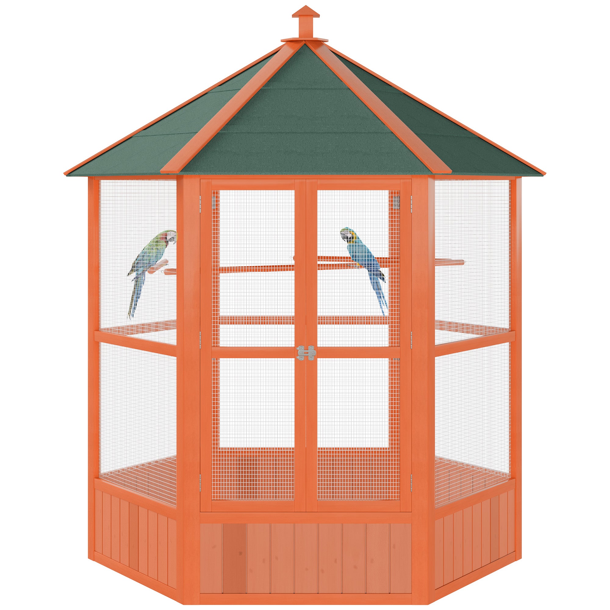 PawHut Bird Cage, 70"H Wooden Parrot Cage, Large Hexagonal Outdoor Aviary with Asphalt Roof, Doors, Brown