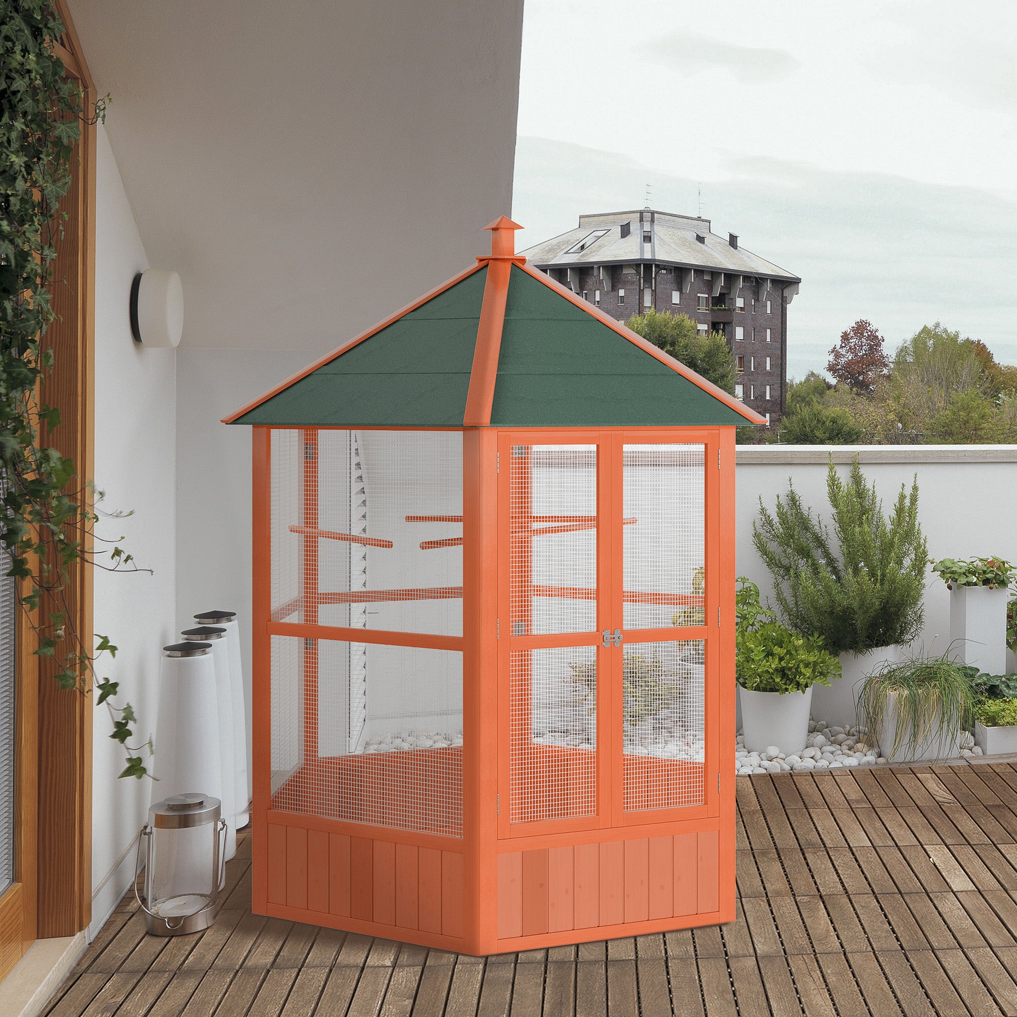 PawHut Bird Cage, 70"H Wooden Parrot Cage, Large Hexagonal Outdoor Aviary with Asphalt Roof, Doors, Brown
