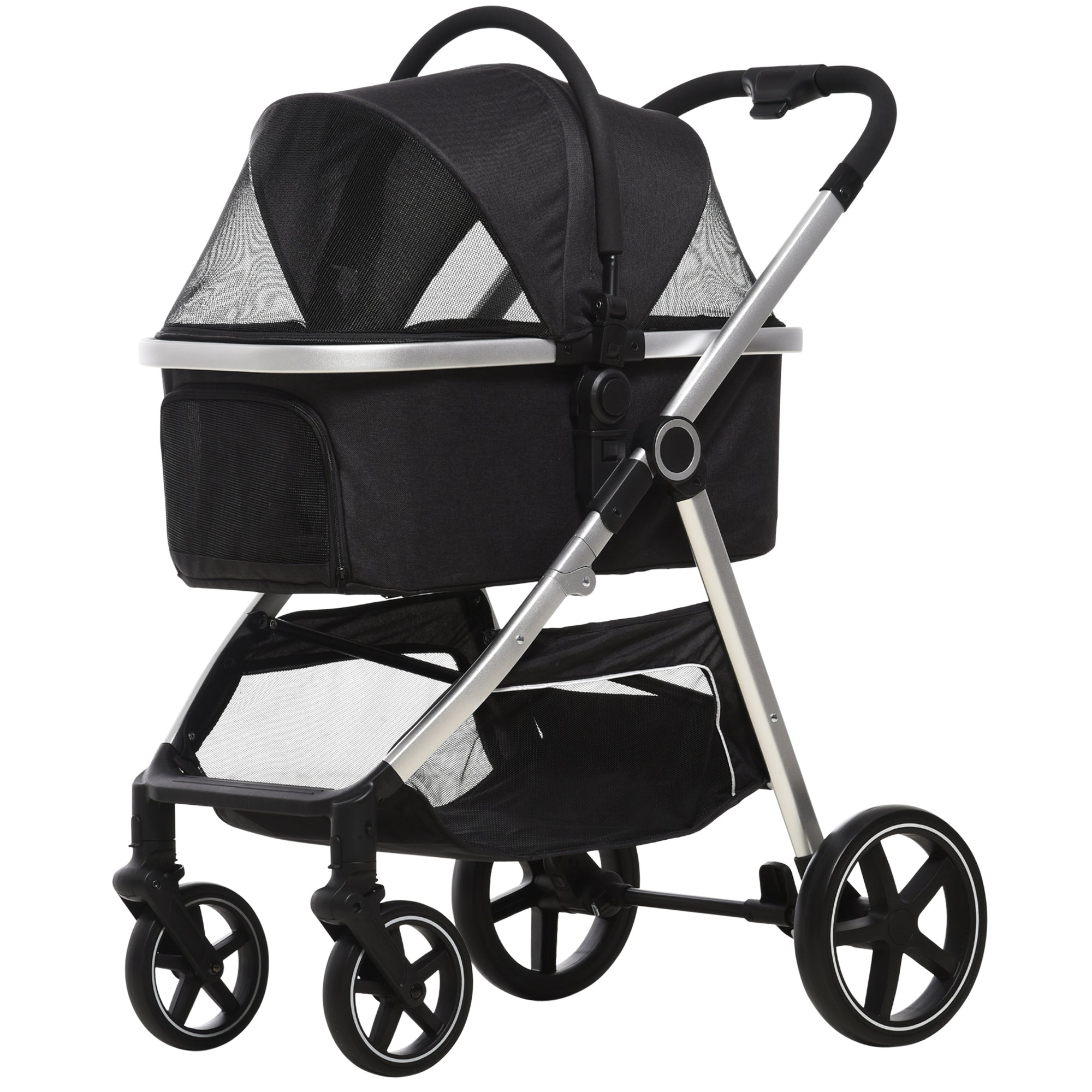 PawHut 3 in 1 One-Click Foldable Pet Stroller, Detachable Dog Cat Travel Pushchair, Car Seat w/ EVA Wheels, Basket, Adjustable Canopy, Safety Leash, Cushion, for Small Pets - Black