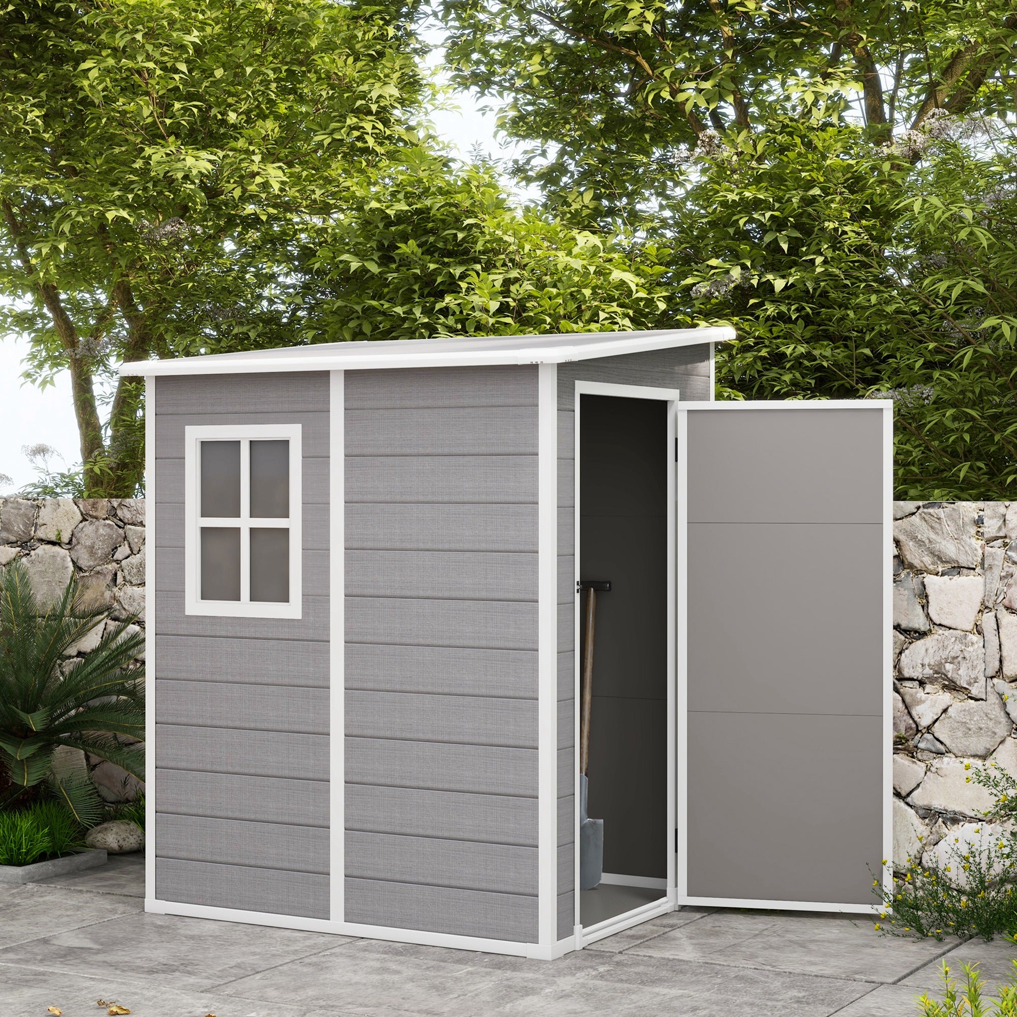 Outsunny 4 x 5FT Lean to Outdoor Storage Shed with Floor, Plastic Garden Tool Storage House Organizer with Window, Vent and Plastic Roof for Backyard, Patio, Lawn, Grey