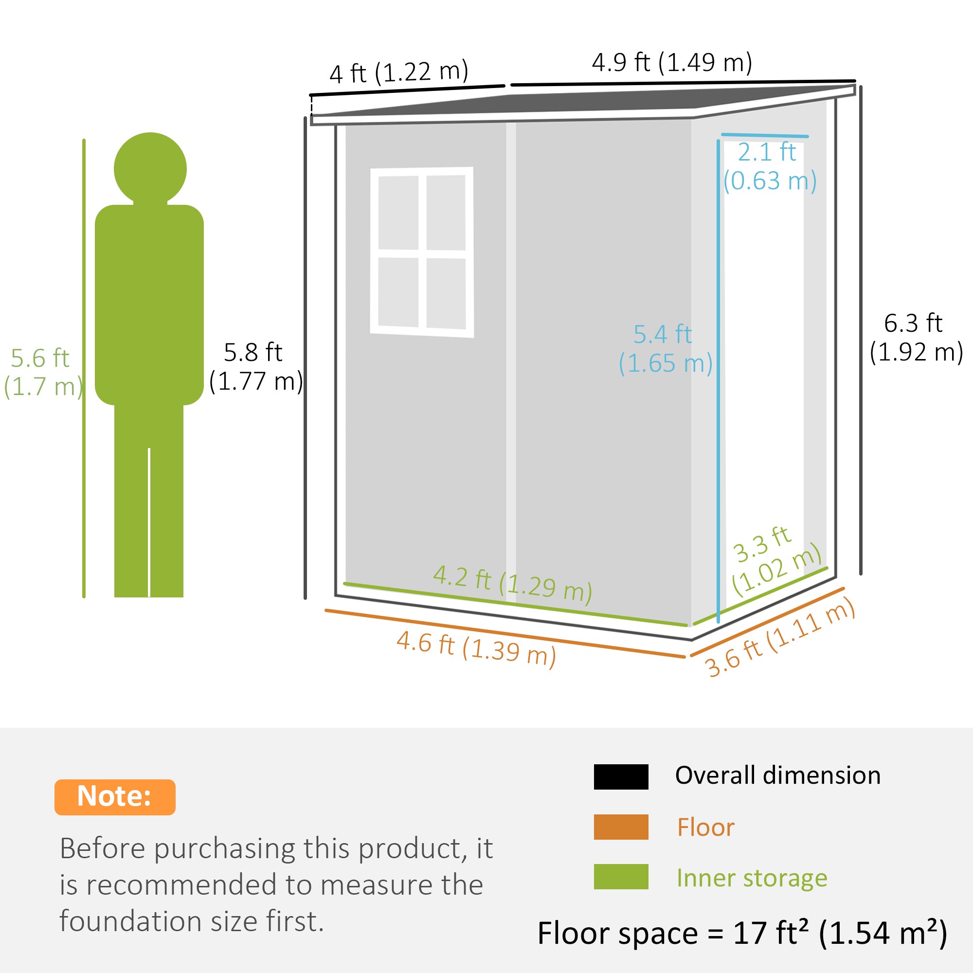 Outsunny 4 x 5FT Lean to Outdoor Storage Shed with Floor, Plastic Garden Tool Storage House Organizer with Window, Vent and Plastic Roof for Backyard, Patio, Lawn, Grey