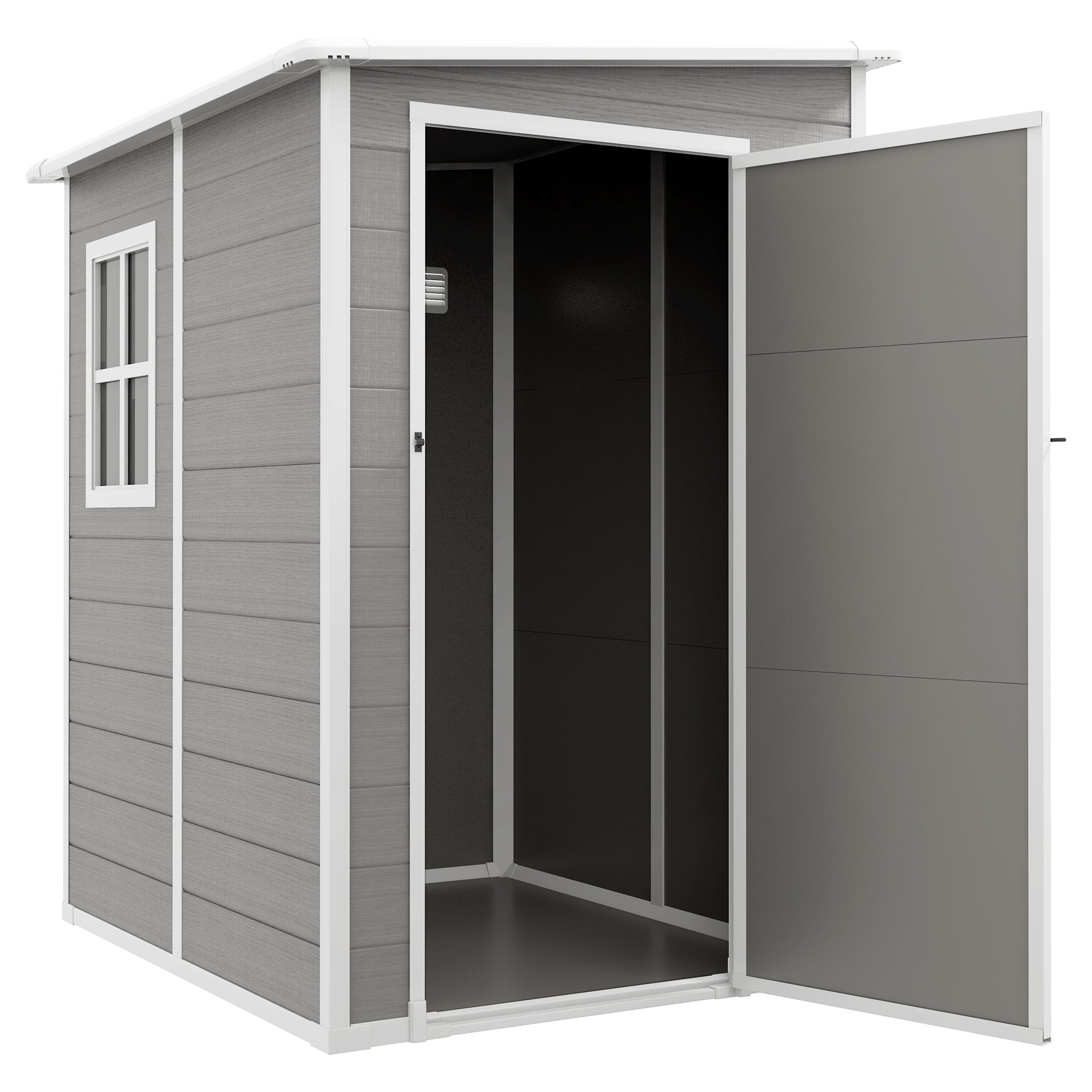 Outsunny 4 x 5FT Lean to Outdoor Storage Shed with Floor, Plastic Garden Tool Storage House Organizer with Window, Vent and Plastic Roof for Backyard, Patio, Lawn, Grey
