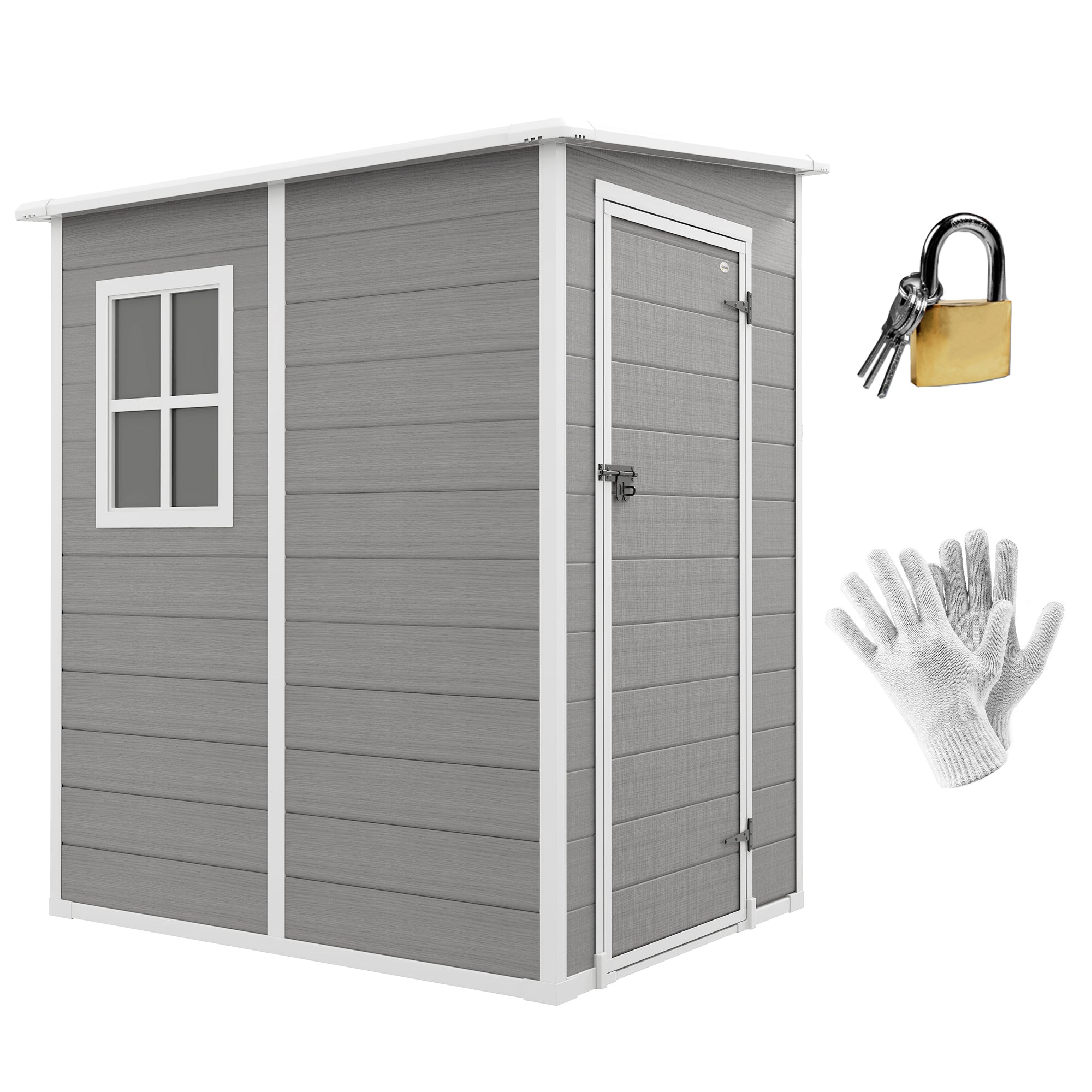 Outsunny 4 x 5FT Lean to Outdoor Storage Shed with Floor, Plastic Garden Tool Storage House Organizer with Window, Vent and Plastic Roof for Backyard, Patio, Lawn, Grey