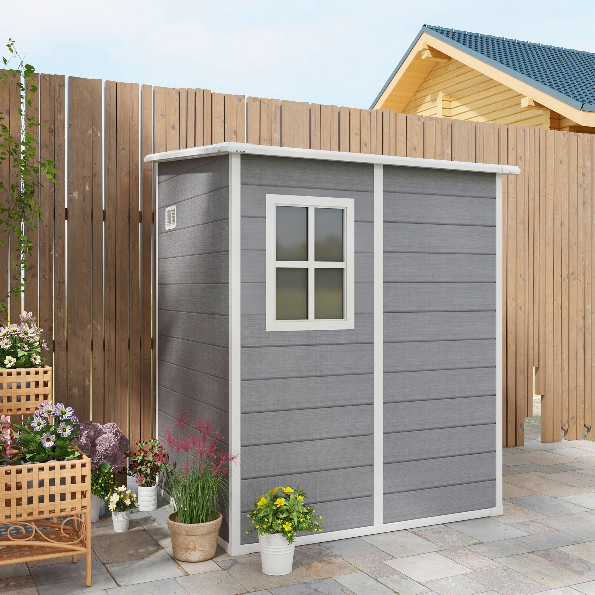 Outsunny 4 x 5FT Lean to Outdoor Storage Shed with Floor, Plastic Garden Tool Storage House Organizer with Window, Vent and Plastic Roof for Backyard, Patio, Lawn, Grey