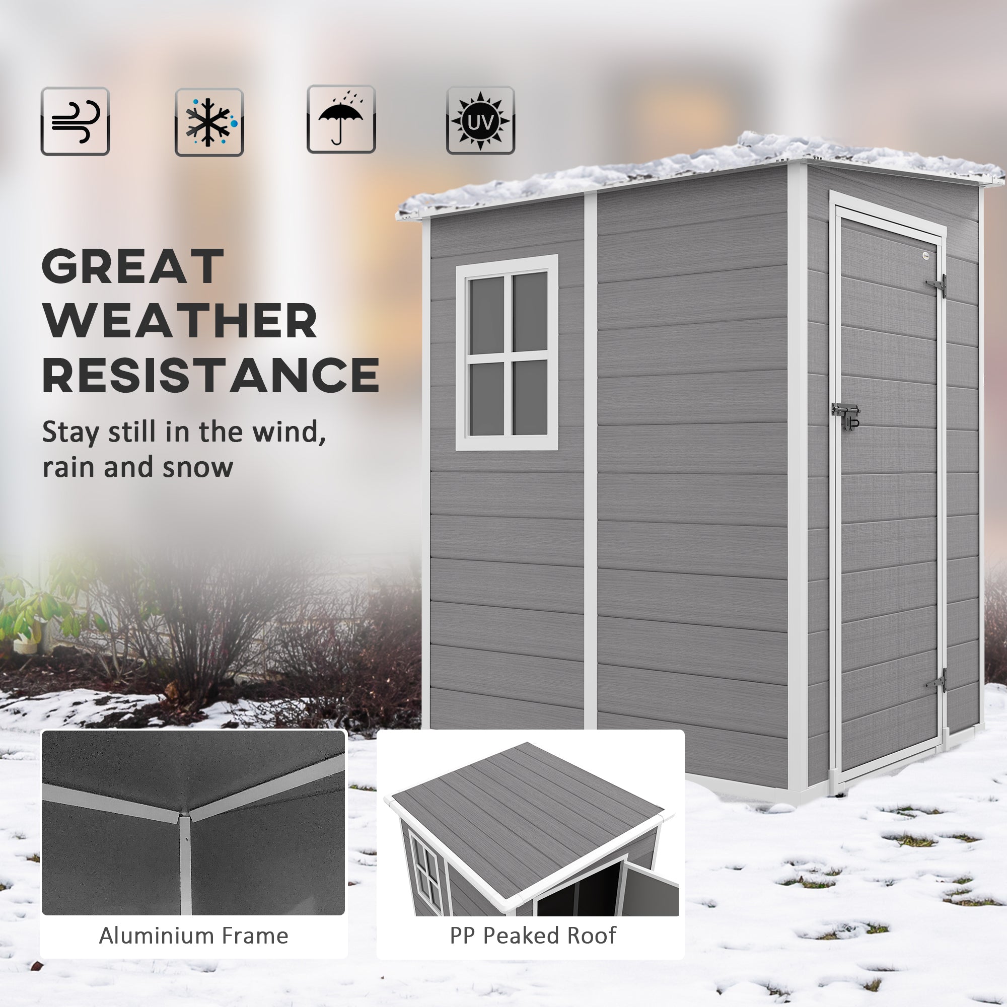 Outsunny 4 x 5FT Lean to Outdoor Storage Shed with Floor, Plastic Garden Tool Storage House Organizer with Window, Vent and Plastic Roof for Backyard, Patio, Lawn, Grey