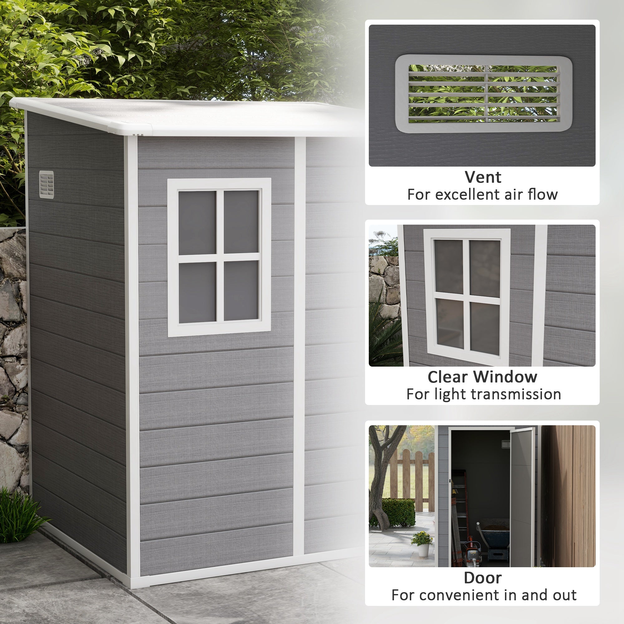 Outsunny 4 x 5FT Lean to Outdoor Storage Shed with Floor, Plastic Garden Tool Storage House Organizer with Window, Vent and Plastic Roof for Backyard, Patio, Lawn, Grey
