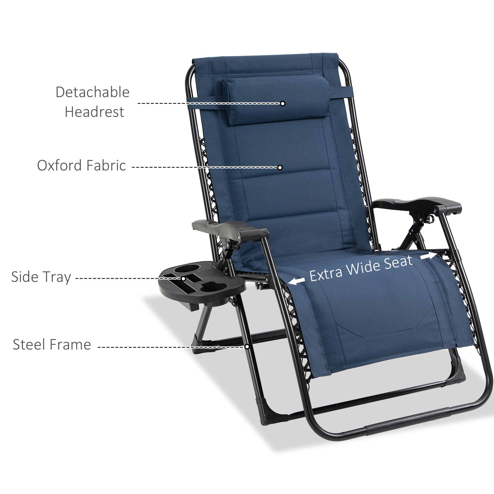 Outsunny Zero Gravity Lounger Chair, Padded Folding Reclining Patio Chair with Cup Holder, Detachable Headrest, Extra Wide Seat, 400 LBS Weight Capacity for Poolside, Camping, Blue
