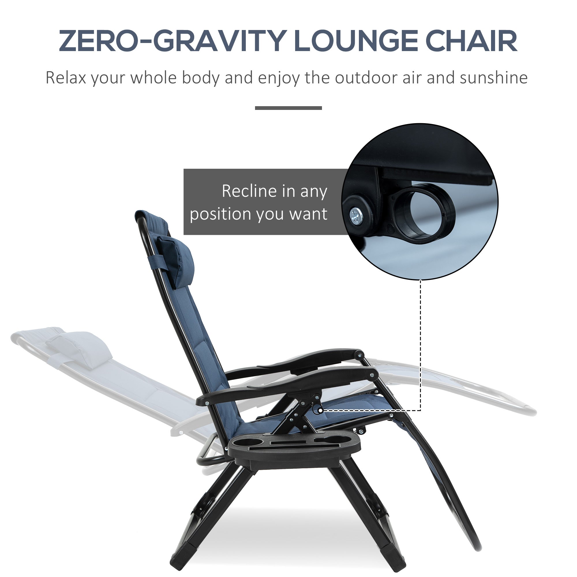 Outsunny Zero Gravity Lounger Chair, Padded Folding Reclining Patio Chair with Cup Holder, Detachable Headrest, Extra Wide Seat, 400 LBS Weight Capacity for Poolside, Camping, Blue