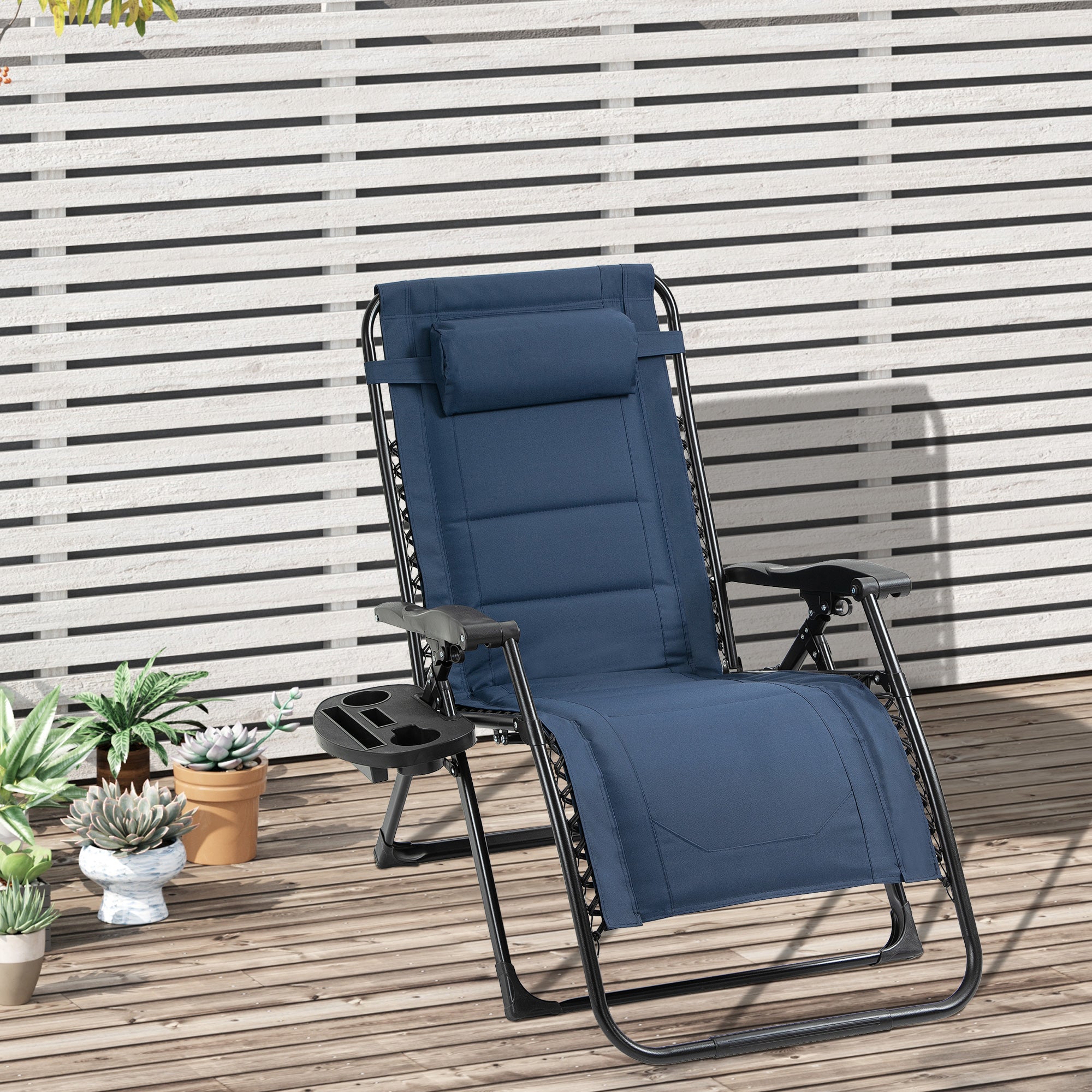 Outsunny Zero Gravity Lounger Chair, Padded Folding Reclining Patio Chair with Cup Holder, Detachable Headrest, Extra Wide Seat, 400 LBS Weight Capacity for Poolside, Camping, Blue