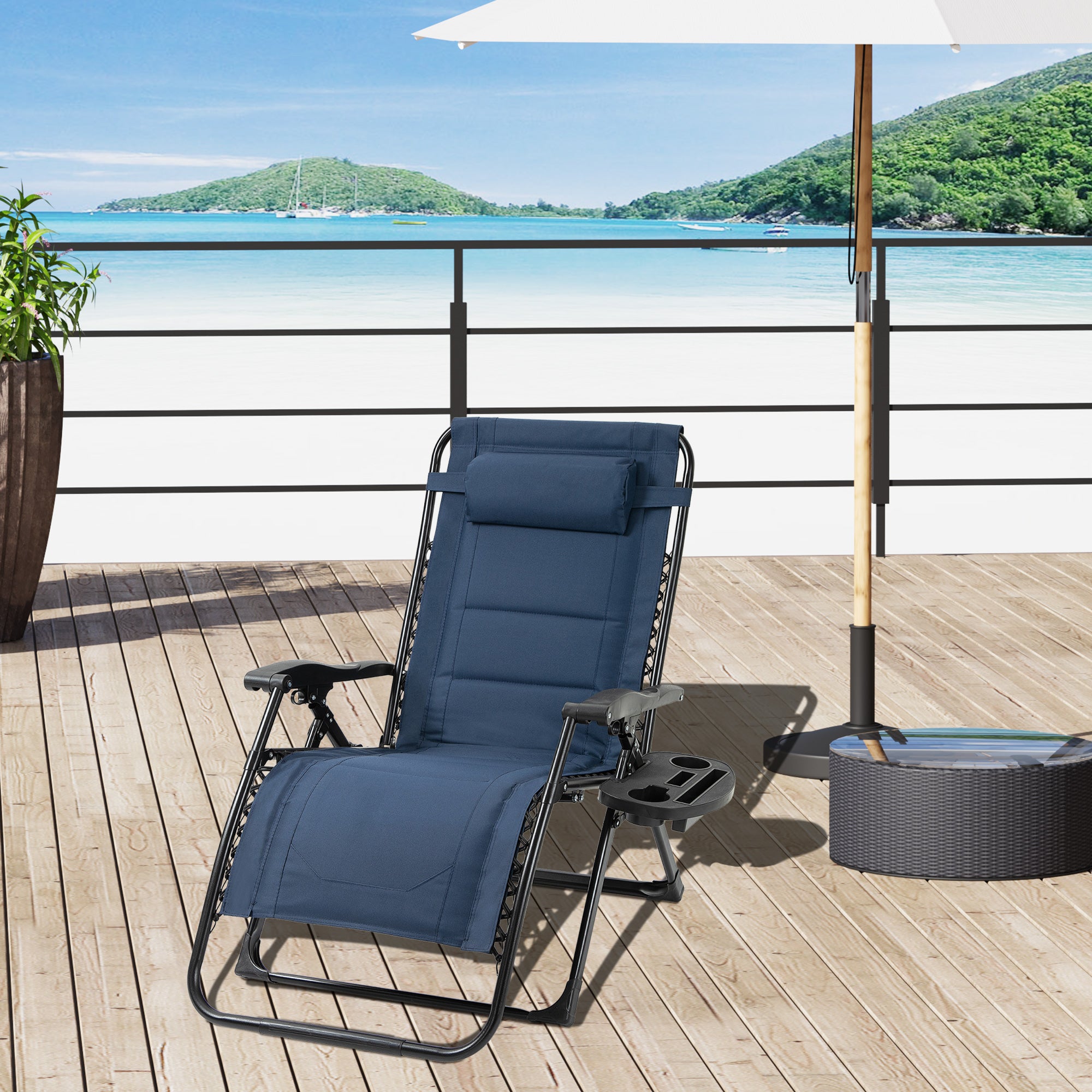 Outsunny Zero Gravity Lounger Chair, Padded Folding Reclining Patio Chair with Cup Holder, Detachable Headrest, Extra Wide Seat, 400 LBS Weight Capacity for Poolside, Camping, Blue