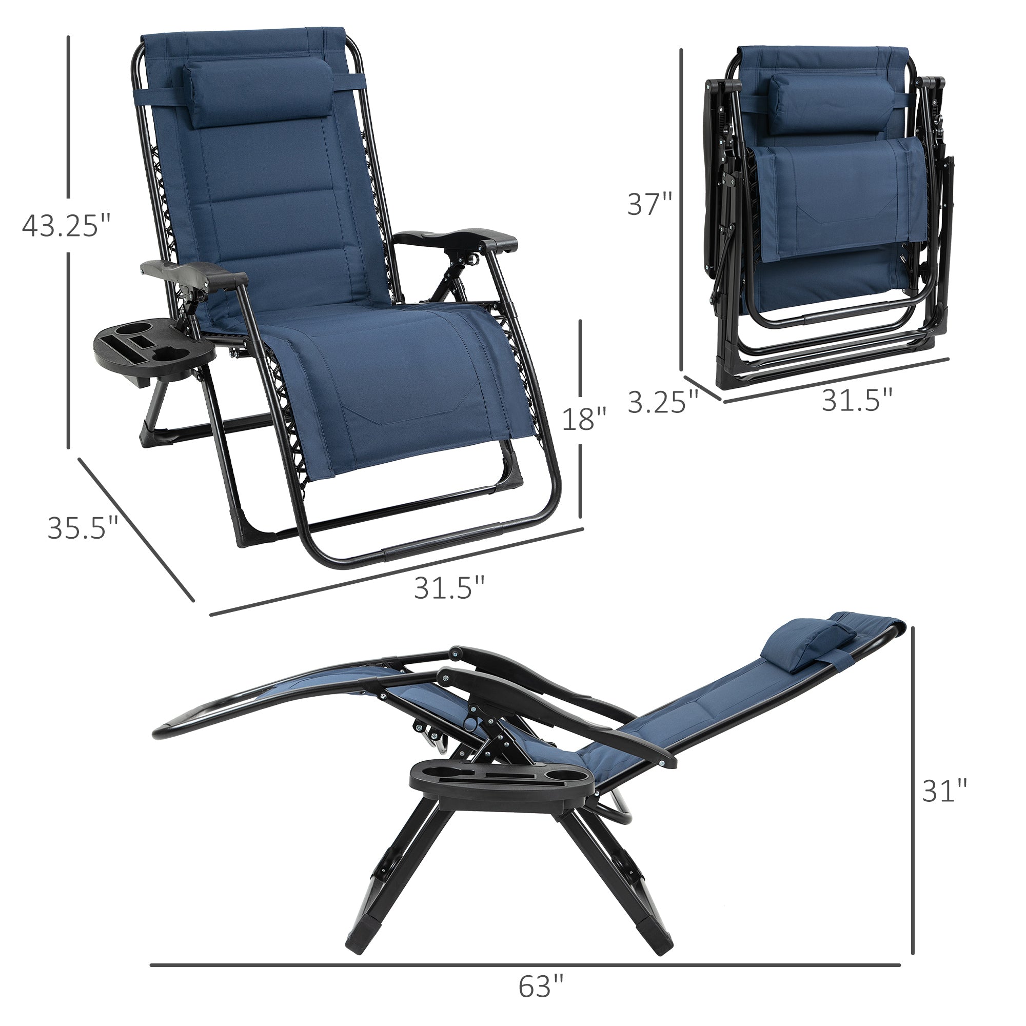 Outsunny Zero Gravity Lounger Chair, Padded Folding Reclining Patio Chair with Cup Holder, Detachable Headrest, Extra Wide Seat, 400 LBS Weight Capacity for Poolside, Camping, Blue