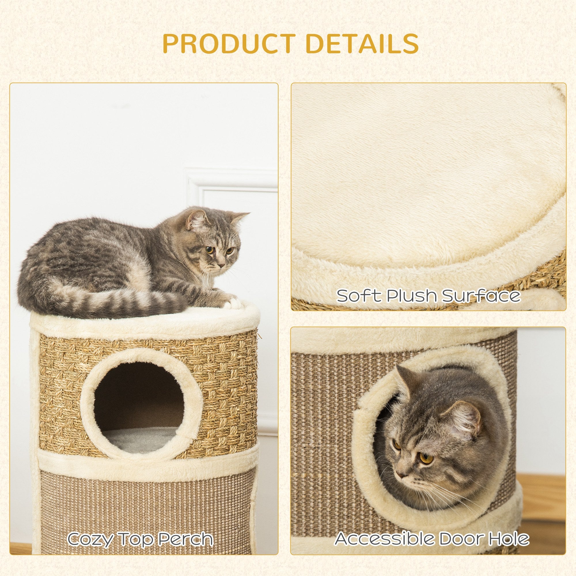 PawHut Cat Condo 3 Story Three Holes with Sisal Seaweed Scratching Cover Surface, Cat Tower for Indoor Cats, 15" x 28", Khaki and Brown