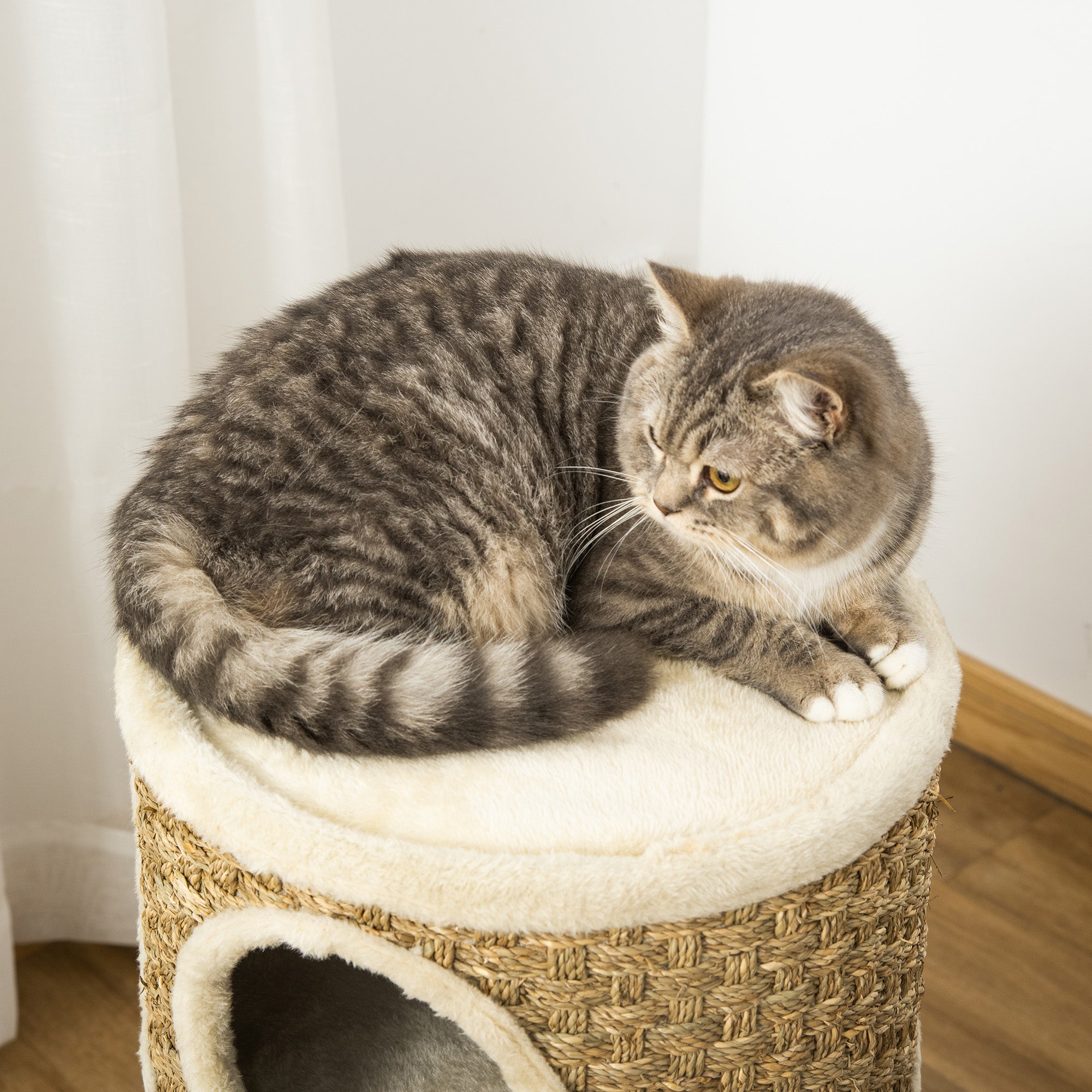 PawHut Cat Condo 3 Story Three Holes with Sisal Seaweed Scratching Cover Surface, Cat Tower for Indoor Cats, 15" x 28", Khaki and Brown