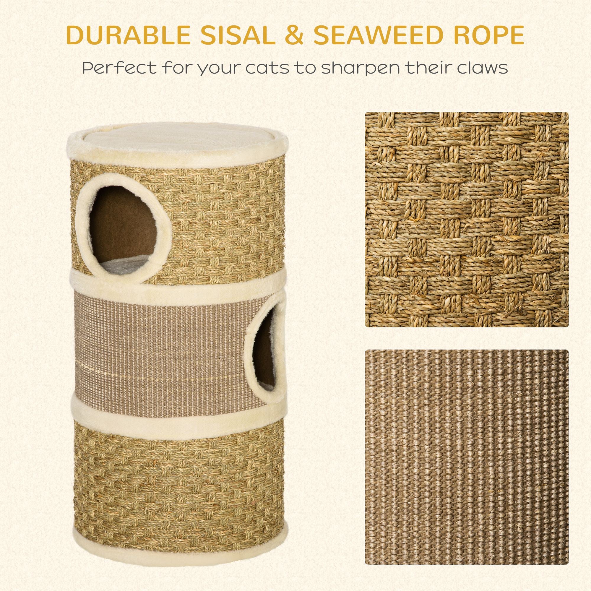 PawHut Cat Condo 3 Story Three Holes with Sisal Seaweed Scratching Cover Surface, Cat Tower for Indoor Cats, 15" x 28", Khaki and Brown