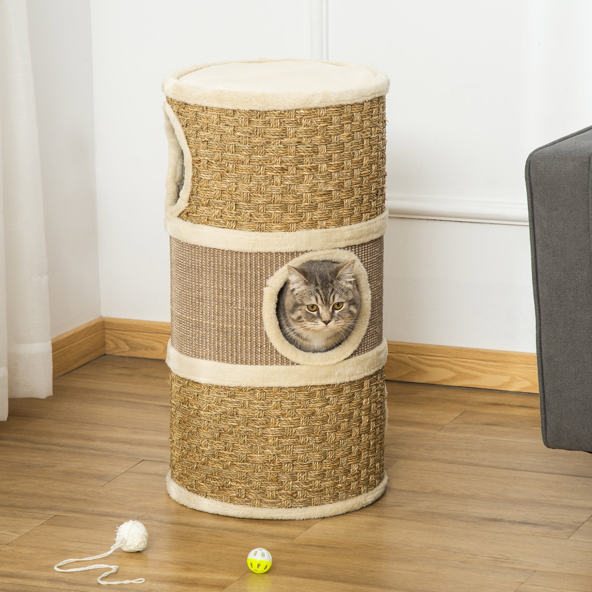 PawHut Cat Condo 3 Story Three Holes with Sisal Seaweed Scratching Cover Surface, Cat Tower for Indoor Cats, 15" x 28", Khaki and Brown