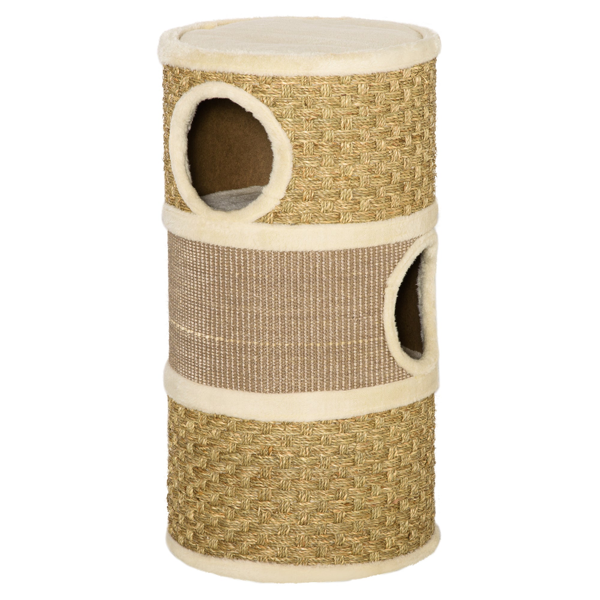 PawHut Cat Scratching Barrel Kitten Tree Tower for Indoor Cats Pet Furniture Climbing Frame Covered with Sisal and Seaweed Rope Cozy Platform Soft Plush