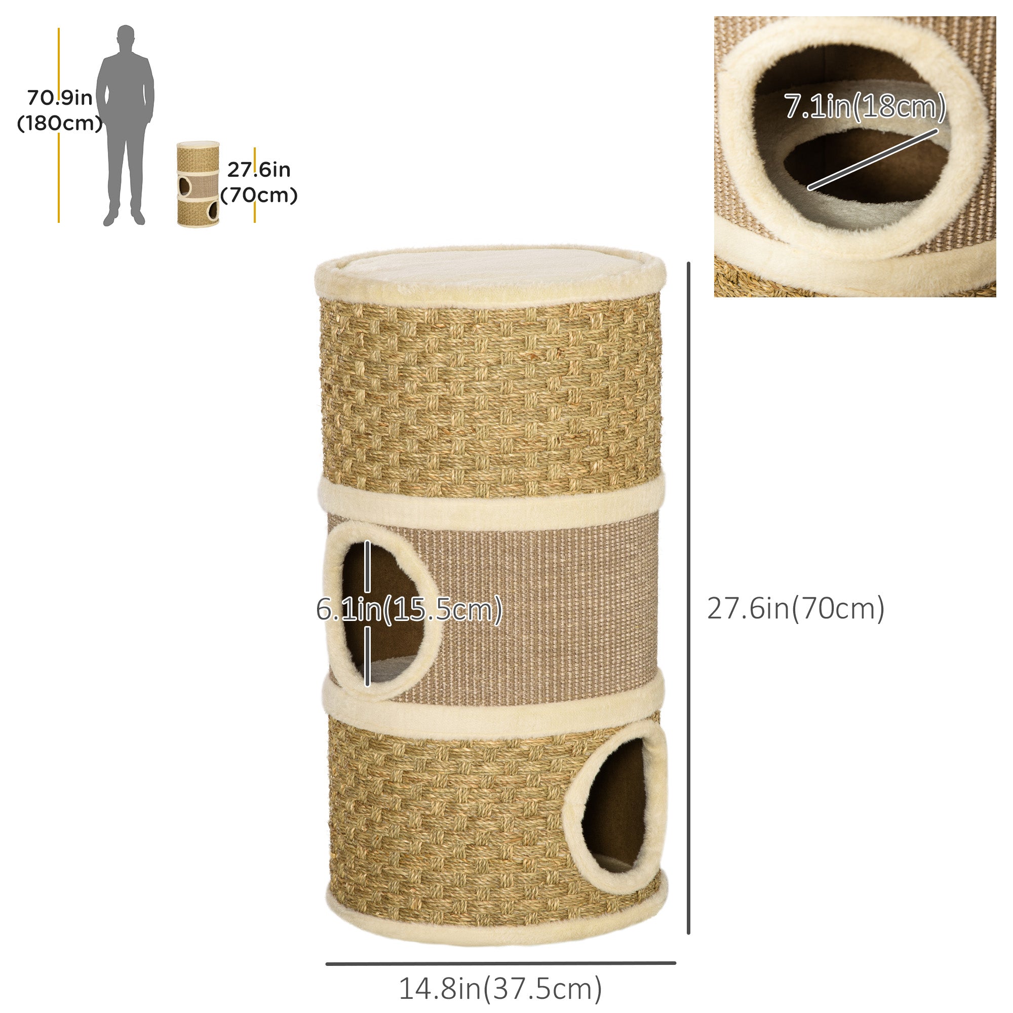 PawHut Cat Condo 3 Story Three Holes with Sisal Seaweed Scratching Cover Surface, Cat Tower for Indoor Cats, 15" x 28", Khaki and Brown