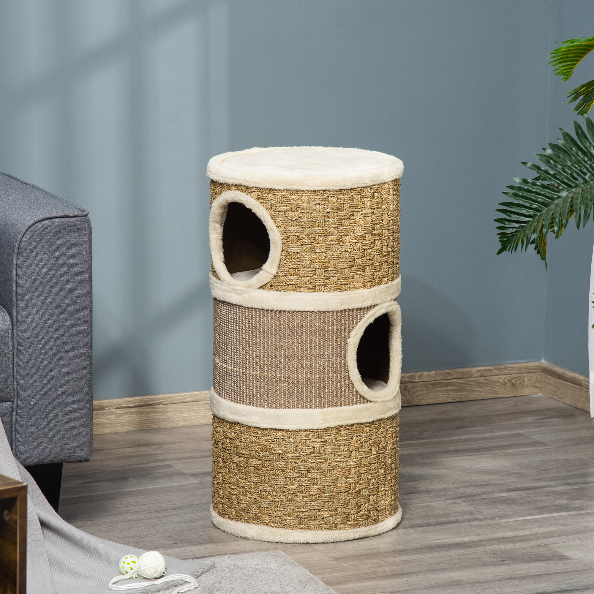 PawHut Cat Condo 3 Story Three Holes with Sisal Seaweed Scratching Cover Surface, Cat Tower for Indoor Cats, 15" x 28", Khaki and Brown