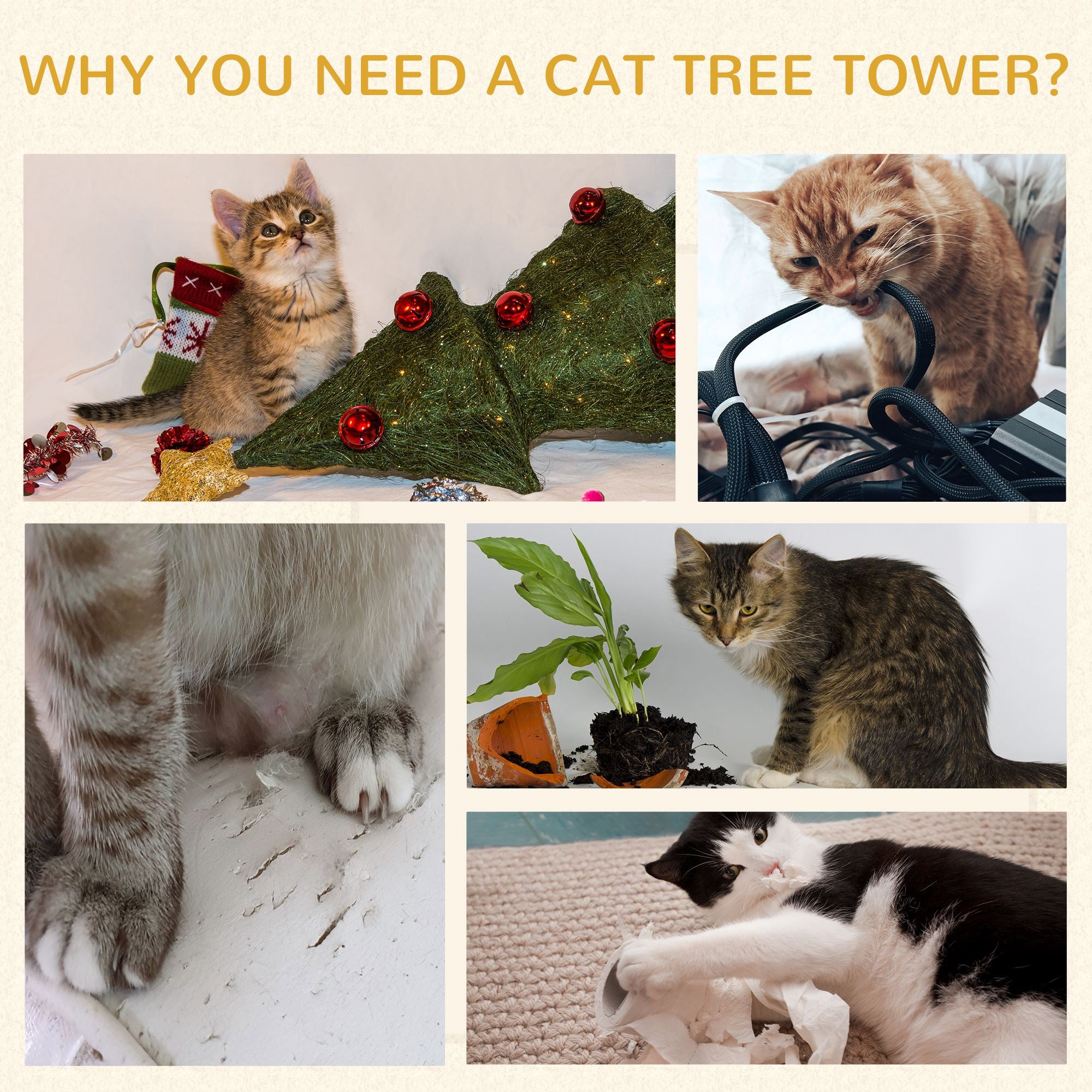 PawHut Cat Condo 3 Story Three Holes with Sisal Seaweed Scratching Cover Surface, Cat Tower for Indoor Cats, 15" x 28", Khaki and Brown