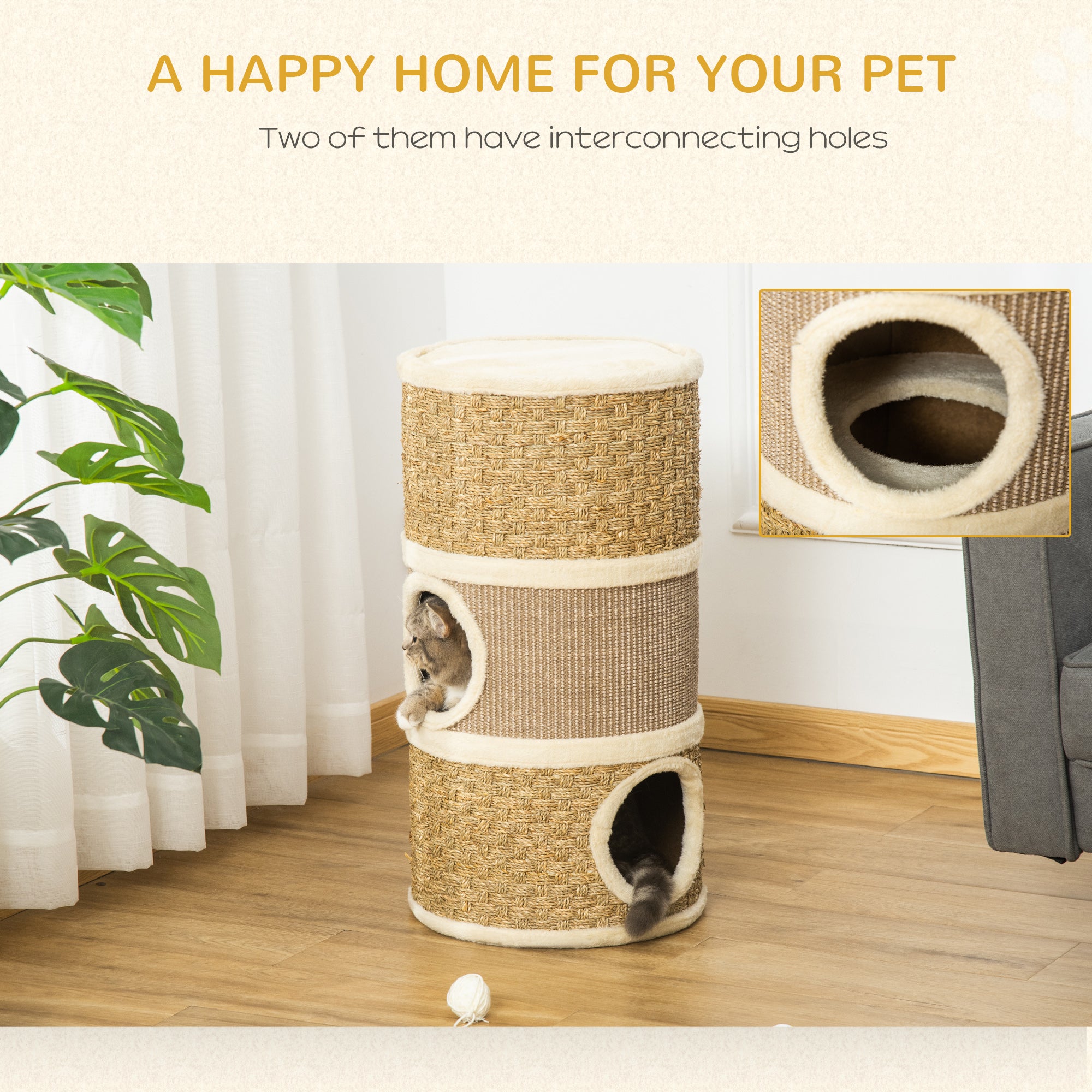 PawHut Cat Condo 3 Story Three Holes with Sisal Seaweed Scratching Cover Surface, Cat Tower for Indoor Cats, 15" x 28", Khaki and Brown