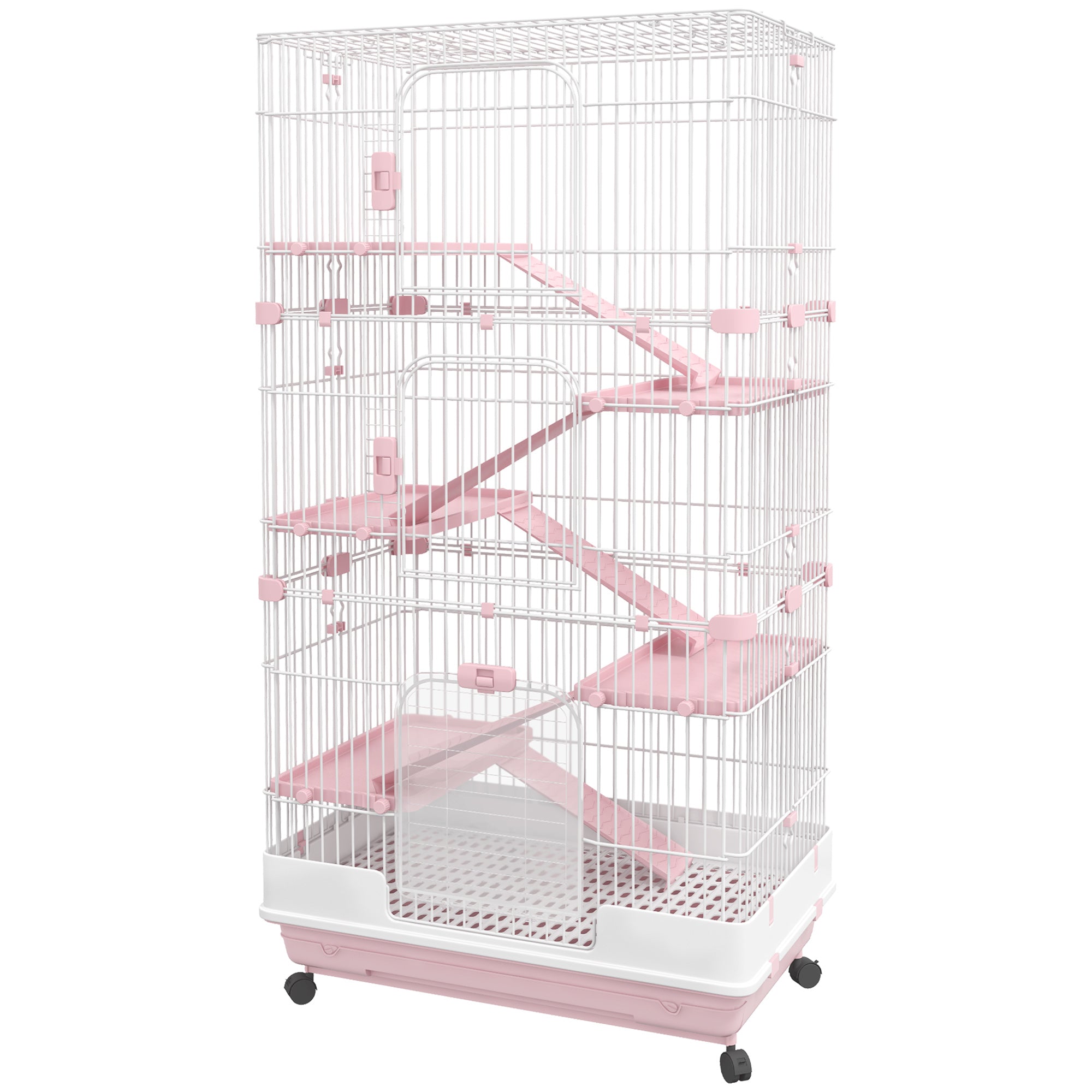 PawHut 63"H 6-Level Small Animal Cage Rabbit Hutch with Universal Lockable Wheels, Slide-out Tray for Bunny, Chinchillas, Ferret, Pink