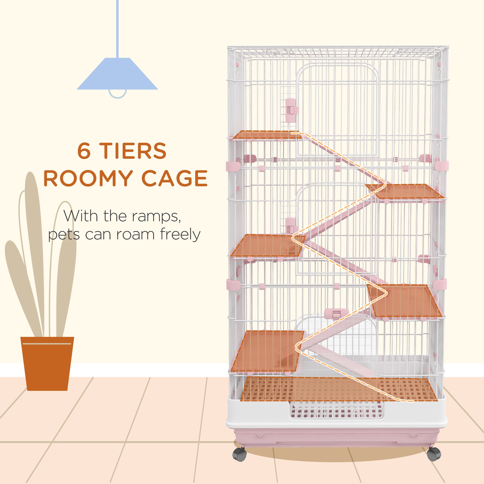 PawHut 6-Level Small Animal Cage, Indoor Bunny House, for Ferrets, Chinchillas w/ Wheels, Slide-Out Tray, Pink, 81 x 52.5 x 159 cm