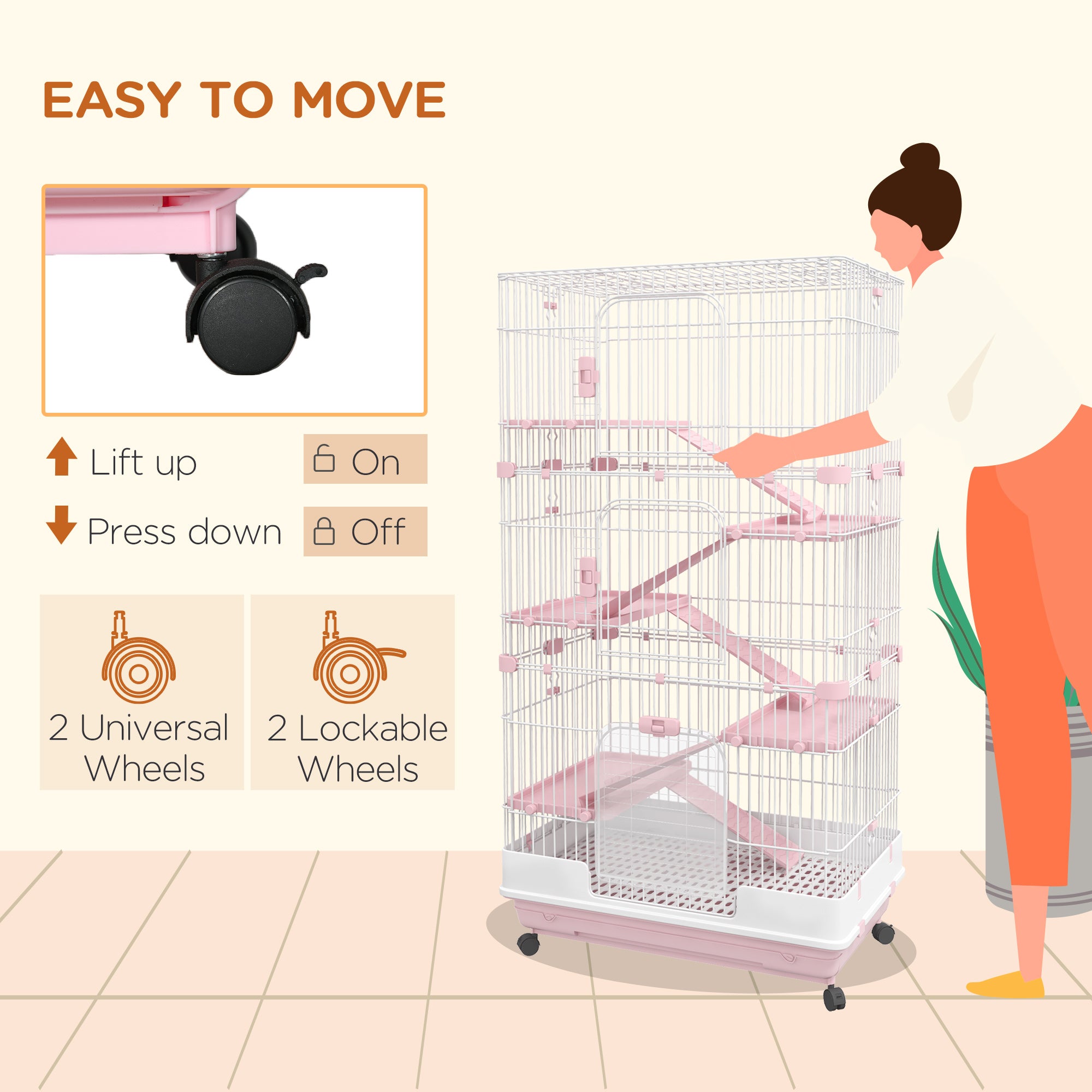 PawHut 6-Level Small Animal Cage, Indoor Bunny House, for Ferrets, Chinchillas w/ Wheels, Slide-Out Tray, Pink, 81 x 52.5 x 159 cm